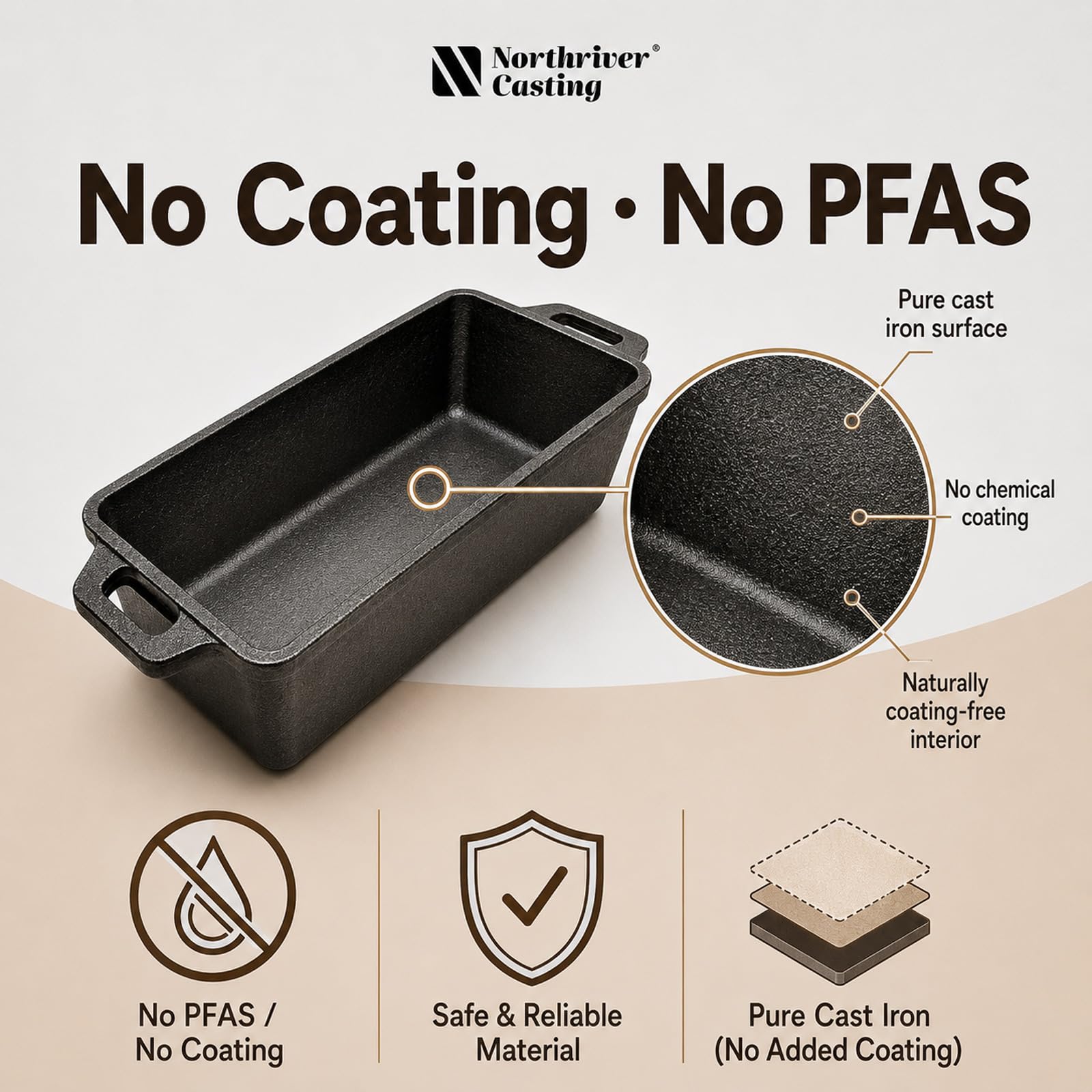 Northriver Casting Molde de hierro fundido de 9 x 5 pulgadas con tapa, bandeja para hornear pan, distribución uniforme del calor para pan casero, pastel y pastel de carne, juego de 2 piezas