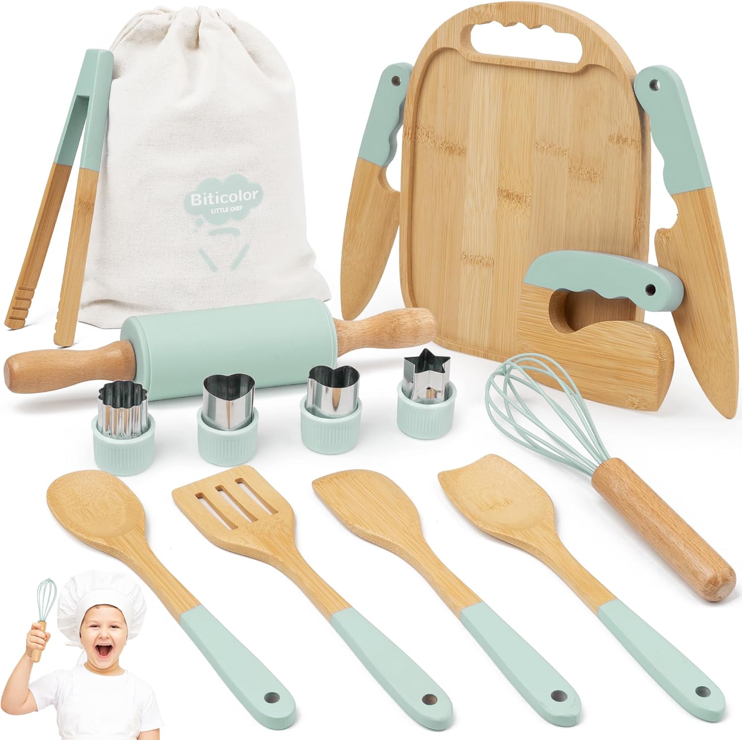 Wooden Kids Cooking Set Montessori Kit - Real Toddler Kitchen Tools & Baking Utensils - 15PCS Cooking Kit for Kids with Storage Bag, Great Gift for Pretend Play & Montessori Learning (Green)