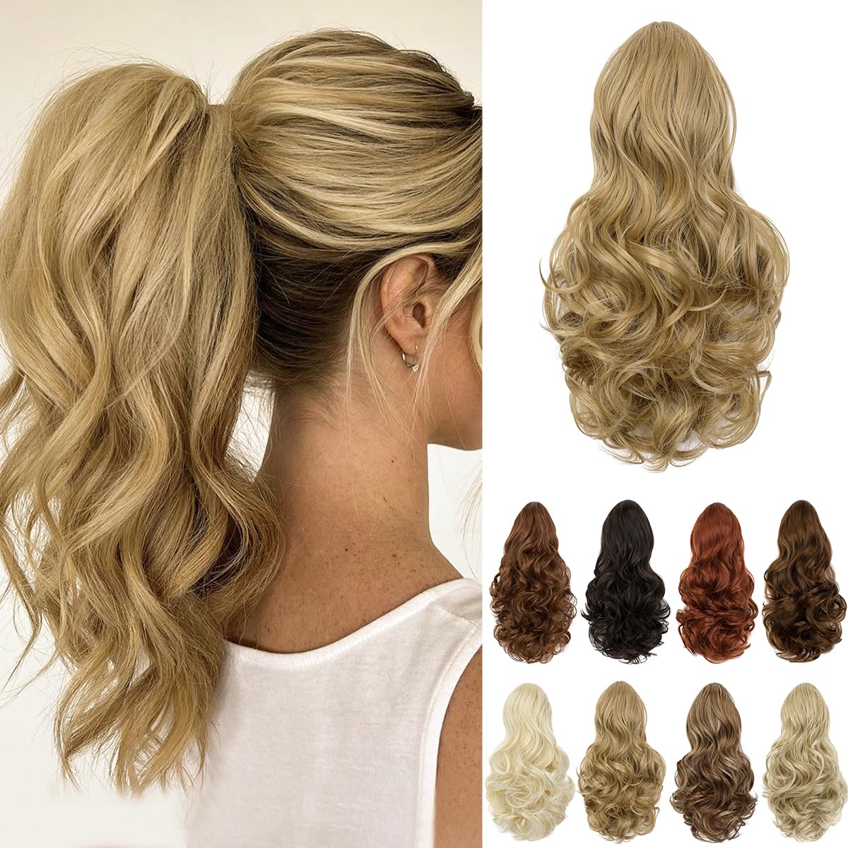 Leterly Ponytail Extension,15" Drawstring Ponytail Hair Extensions Short Wavy Pony Tail Natural Curly Soft Synthetic Hairpiece for Women Ash Blonde