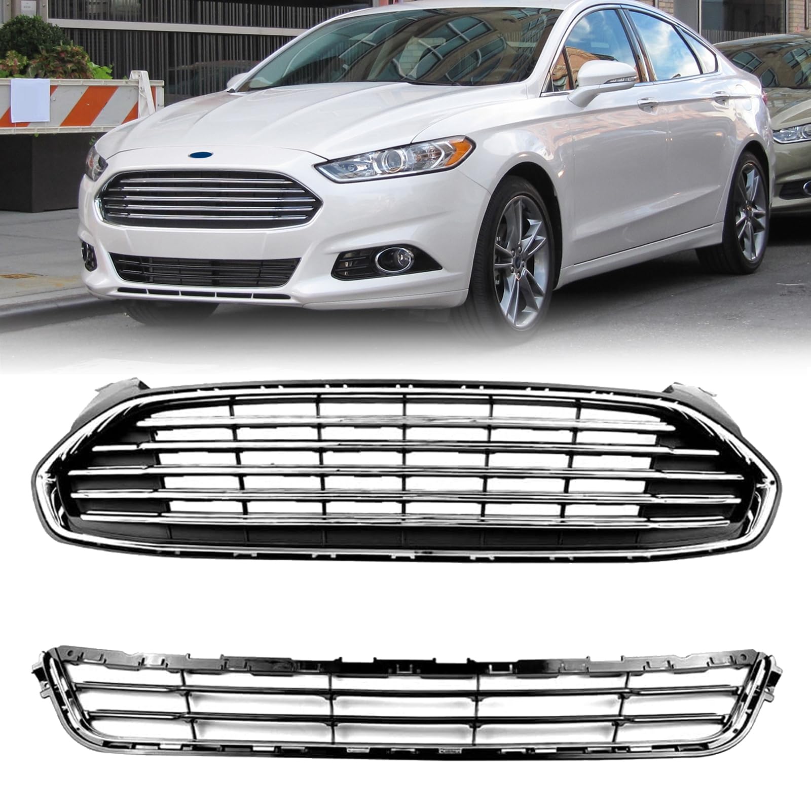 Front Bumper Upper Lower Grille Assembly Compatible For For-d Fusion Grill 2013 2014 2015 2016