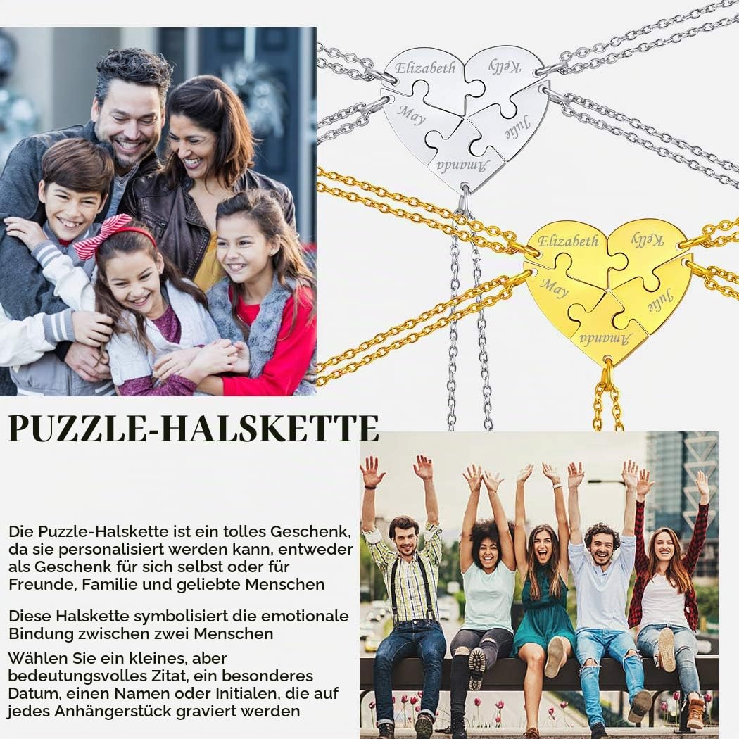 Suplight Freundschaftsketten personalisiert Namensketten 18k vergoldet/Edelstahl 2/3/4/5/6 teilige Herz Puzzle mit 46+5cm/1,5mm Rolokette Gravur für Damen Herren mit Geschenkbox
