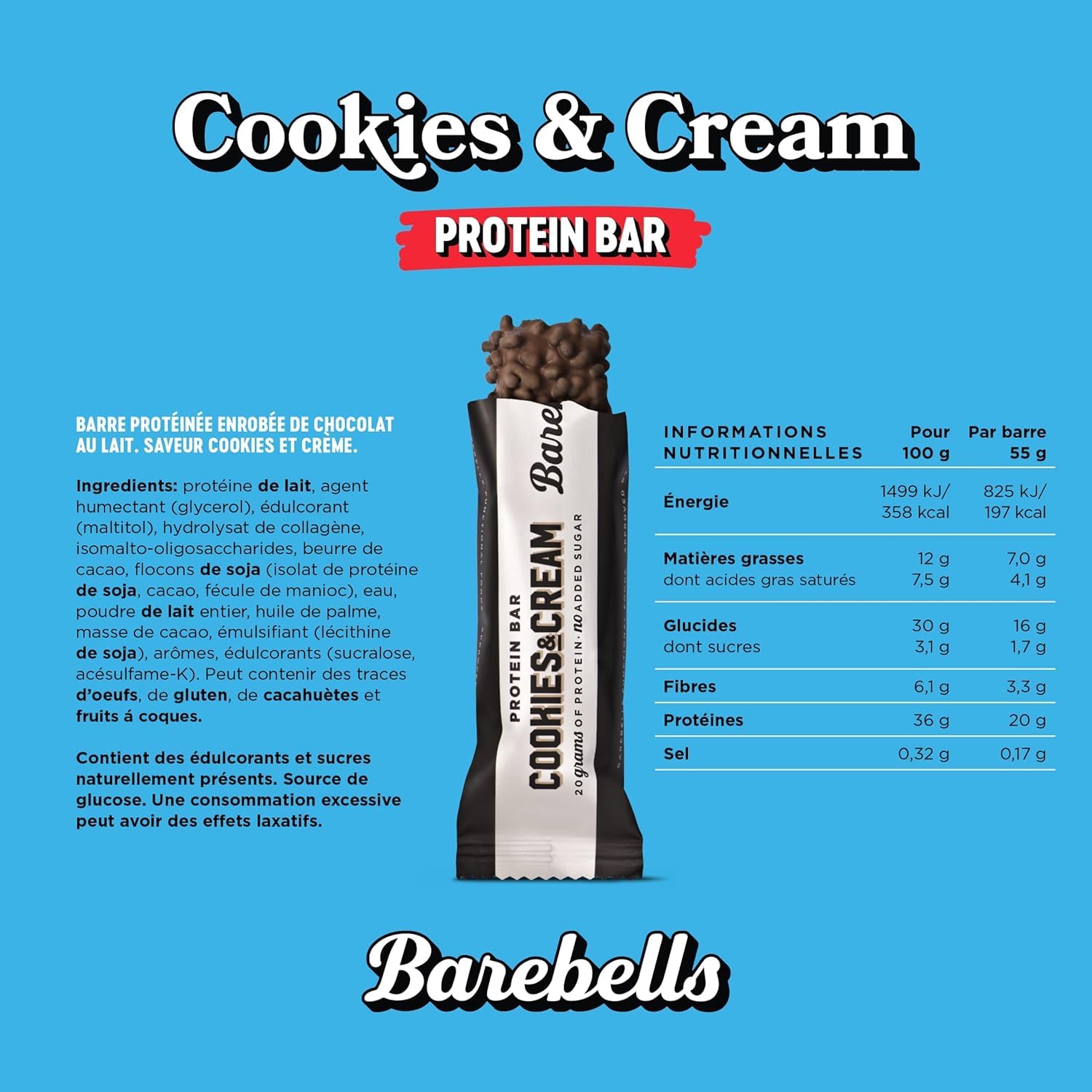 Barebells Protein Riegel – 16g High Protein Bar, Zuckerarm, Eiweißriegel, Ohne Palmöl – Cookies & Cream, 12 x 55gr