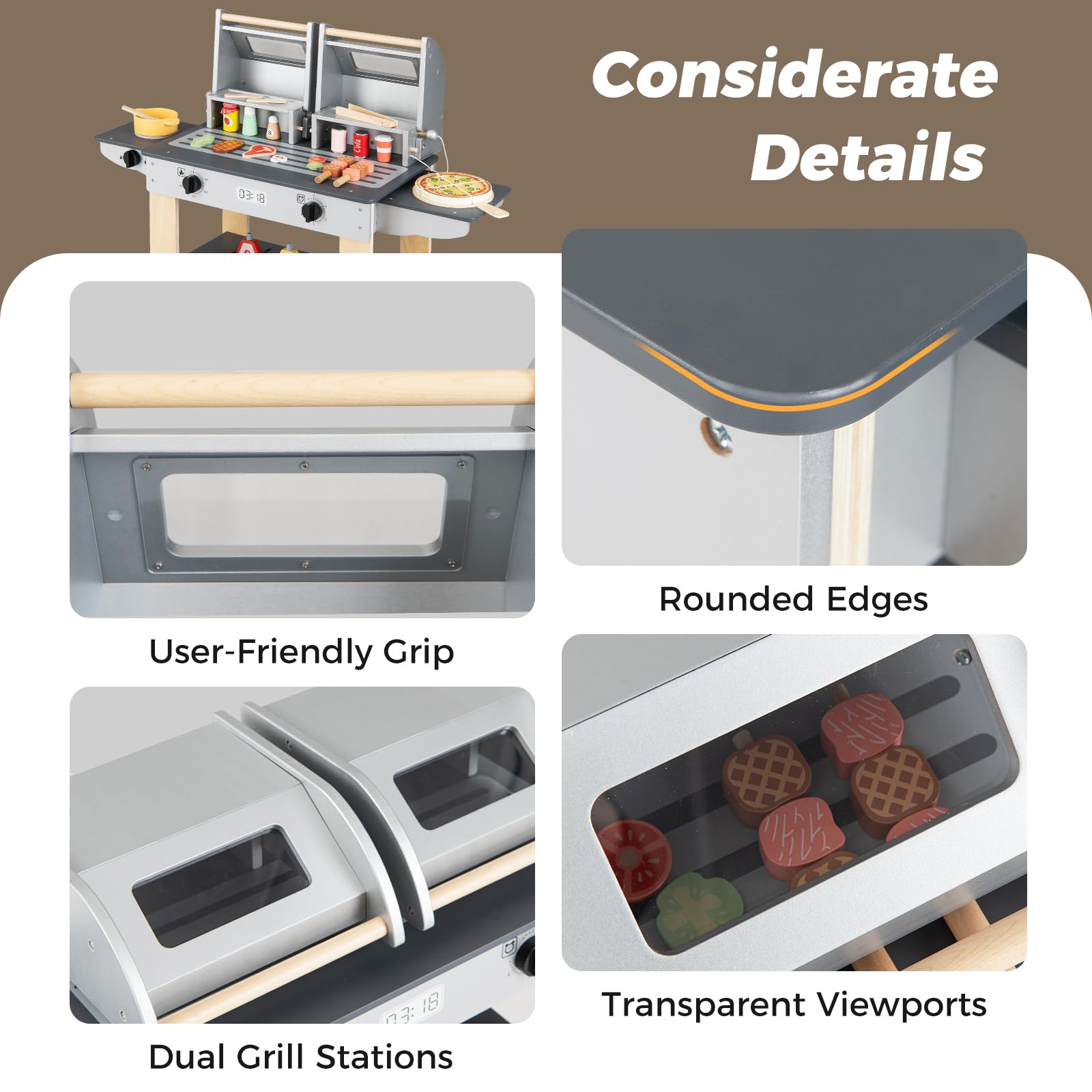 HOMASIS Cusine Enfants, Jouet BBQ Grill Barbecue en Bois avec 2 Grilles et Couvercles à Loquet, Fenêtres Transparentes, Boutons Rotatifs, Accessoires&Rangement, Jouet d’Imitation pour Enfants 3 Ans+