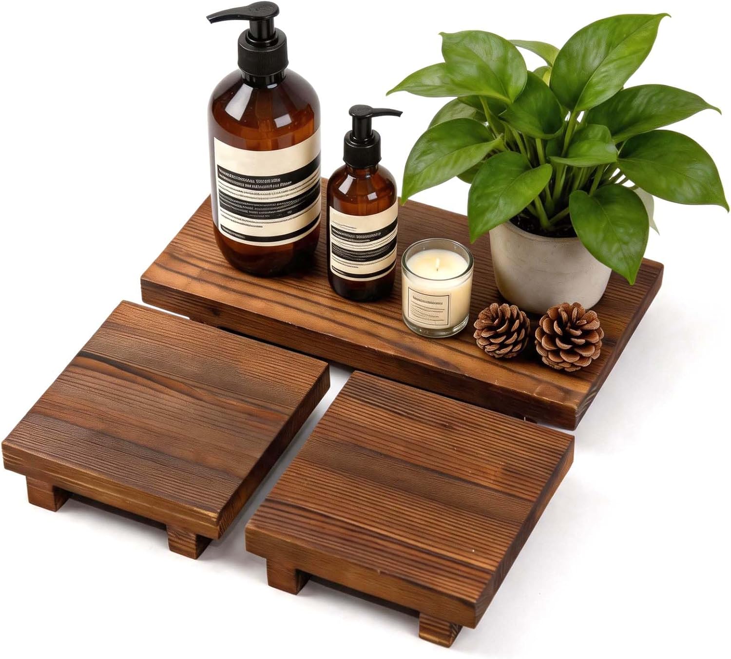 Klunk Wooden Risers for Display, Bathroom Kitchen Counter Decor, Set of 3 | Solid pine wood risers with rustic finish and raised feet for bathroom, kitchen, perfume, plants and countertop decor.