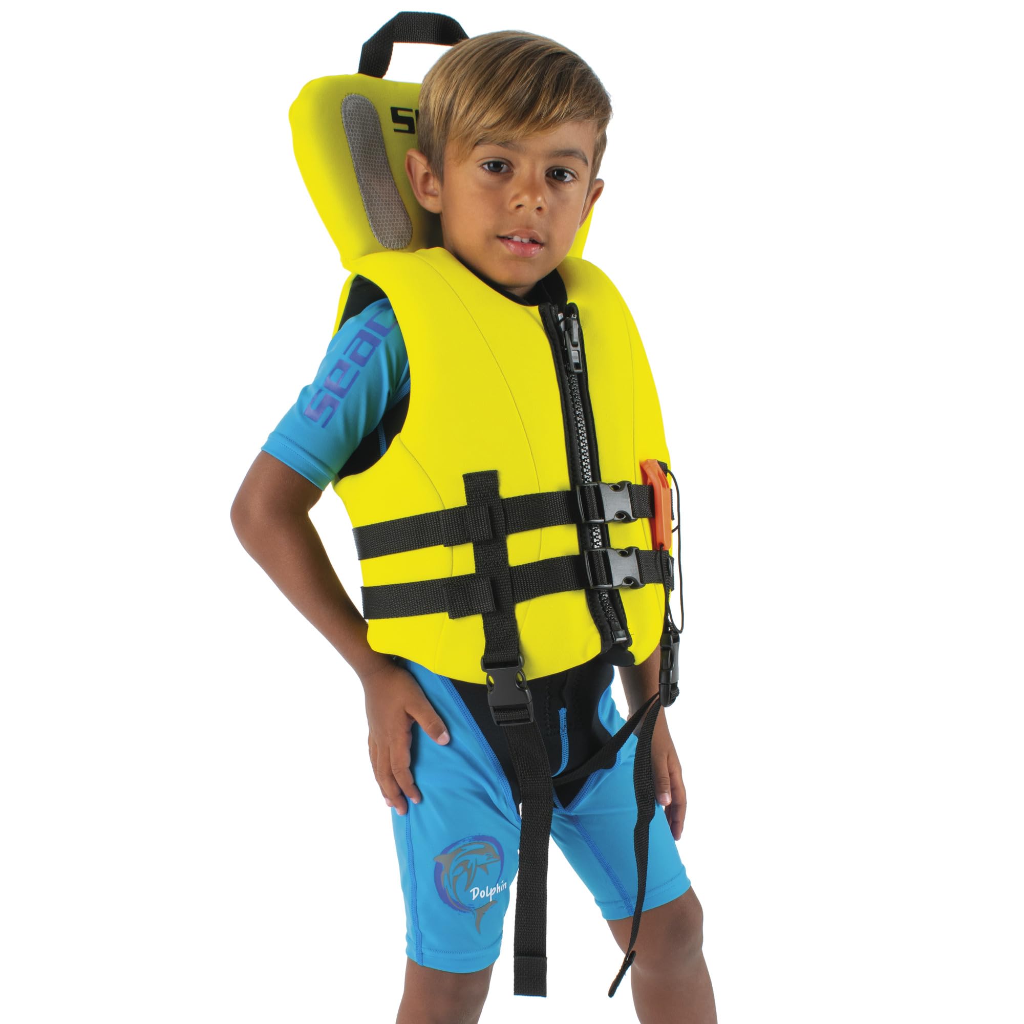 SEAC Hydro Snorkeling Vest Junior–Giubbotto Galleggiante Bambini 100N–Aiuto al Galleggiamento per Snorkeling e Sport Acquatici–Gilet Sicurezza Neoprene Giallo con Fischietto–Certificato EN ISO 12402-4