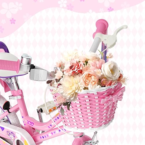 Miniatura 6 de XJD Bicicleta para niñas de 2 a 12 años de edad, bicicleta para niños de 12 a 20 pulgadas, con ruedas de entrenamiento y cesta Rosa claro,Flor