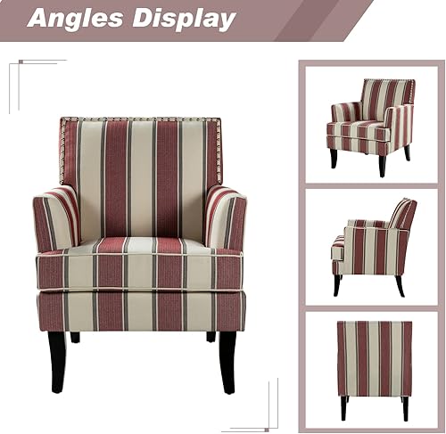 Miniatura 4 de HULALA HOME Silla decorativa moderna con brazos y patas de madera, silla decorativa a rayas, respaldo alto, reposabrazos acolchado y cómodo asiento