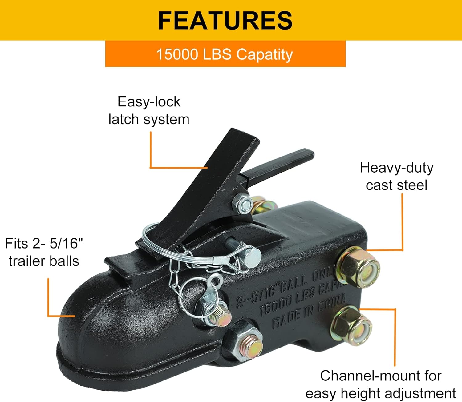 Heavy Duty Cast Adjustable Trailer Coupler 2-5/16 in,15000LBS Capacity Channel-Mount Coupler with Hardware Kit - Image 3