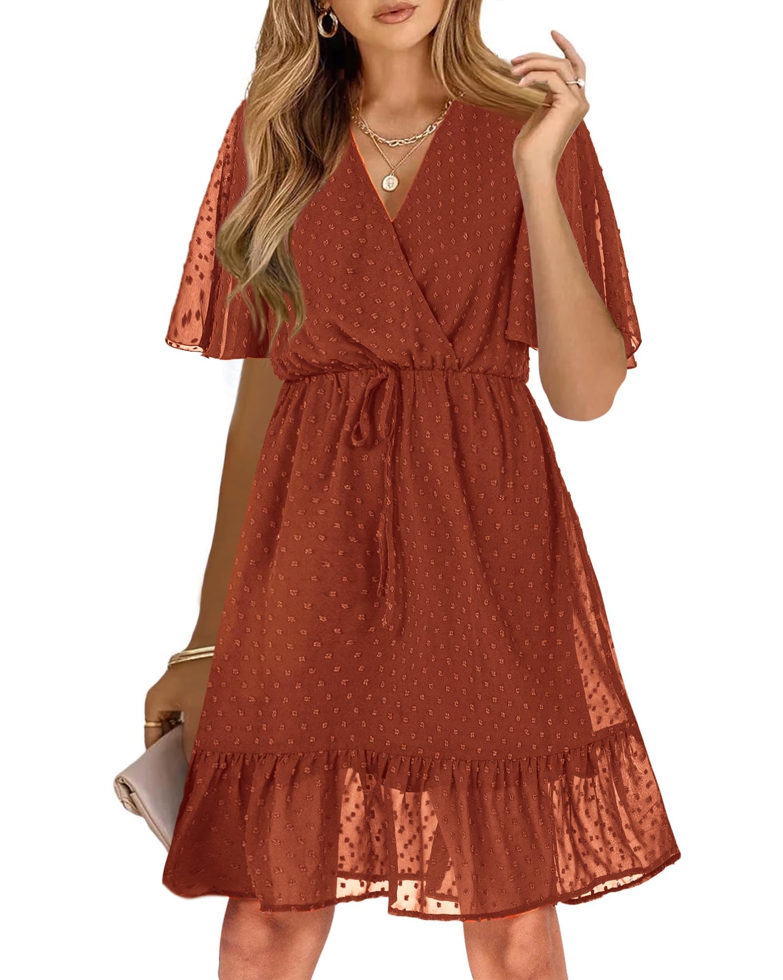 KIRUNDO Womens Summer Dresses 2026 Casual Spring Short Sleeve V Neck Ruffle Floral Print High Waist Belted Flowy Mini Dress