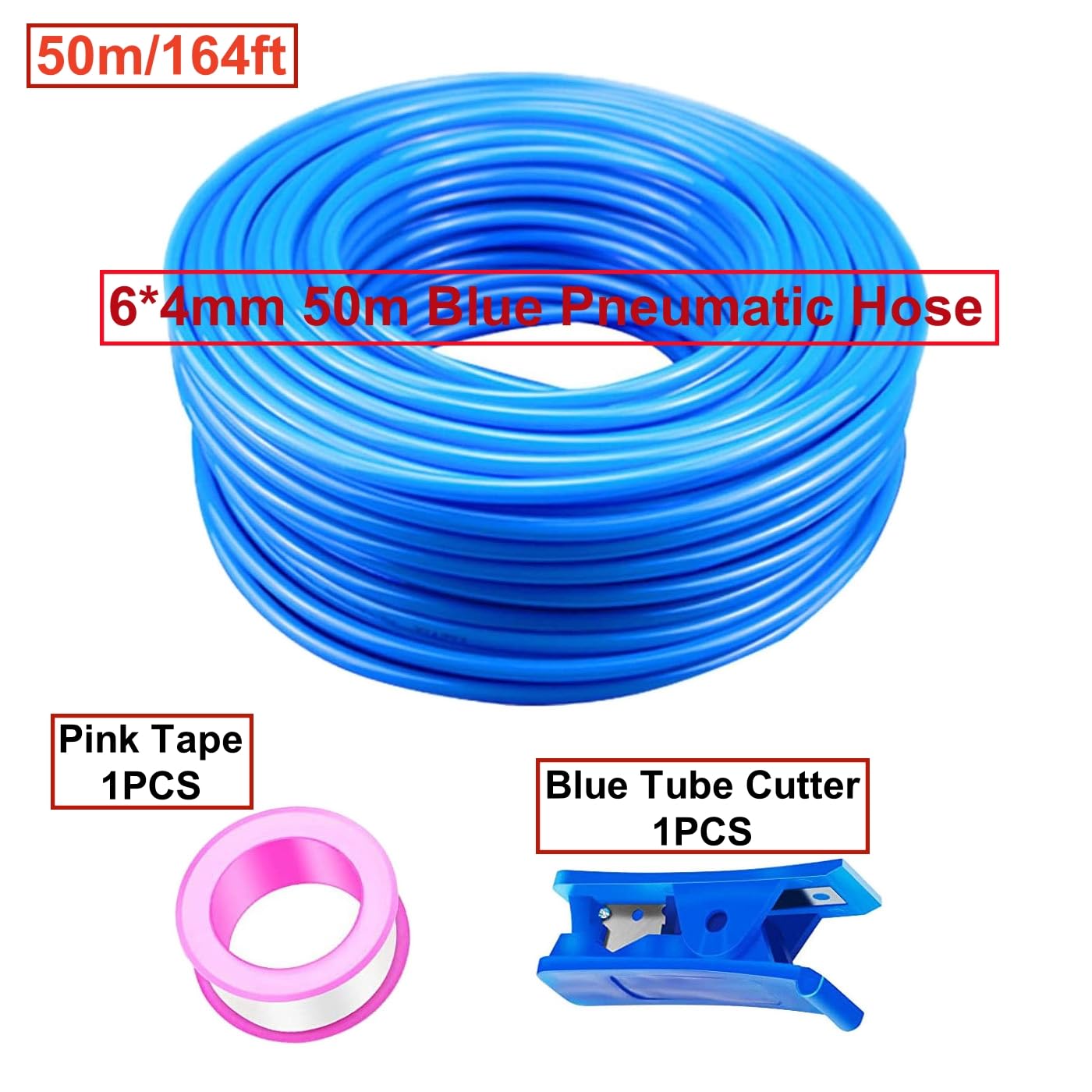 HUAZIZ 50 M - Manguera de poliuretano para neumáticos (poliuretano, 6 mm, interior de 4 mm), incluye cortatubos azules y 1 cinta de teflón rosa