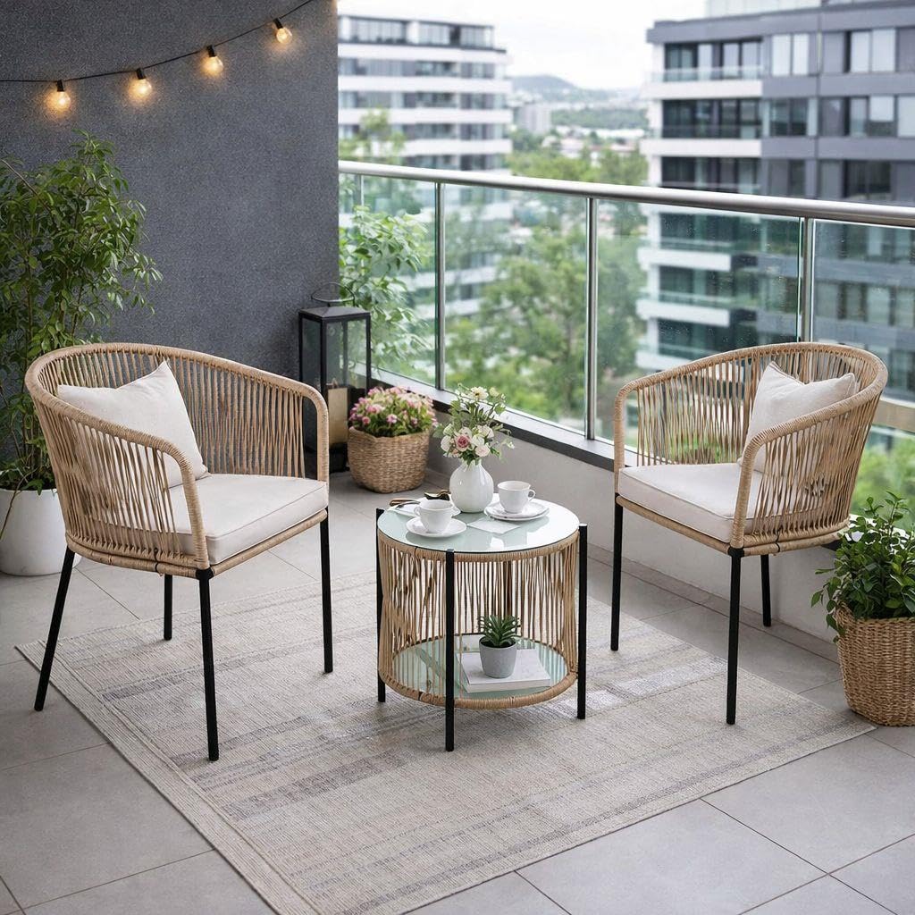 ESTEXO Balkonmöbel Set 2 Personen - Bistro Set Boho Style mit Balkontisch & Zwei Stühlen - Rope Geflecht inkl. Sitzauflagen – Beige
