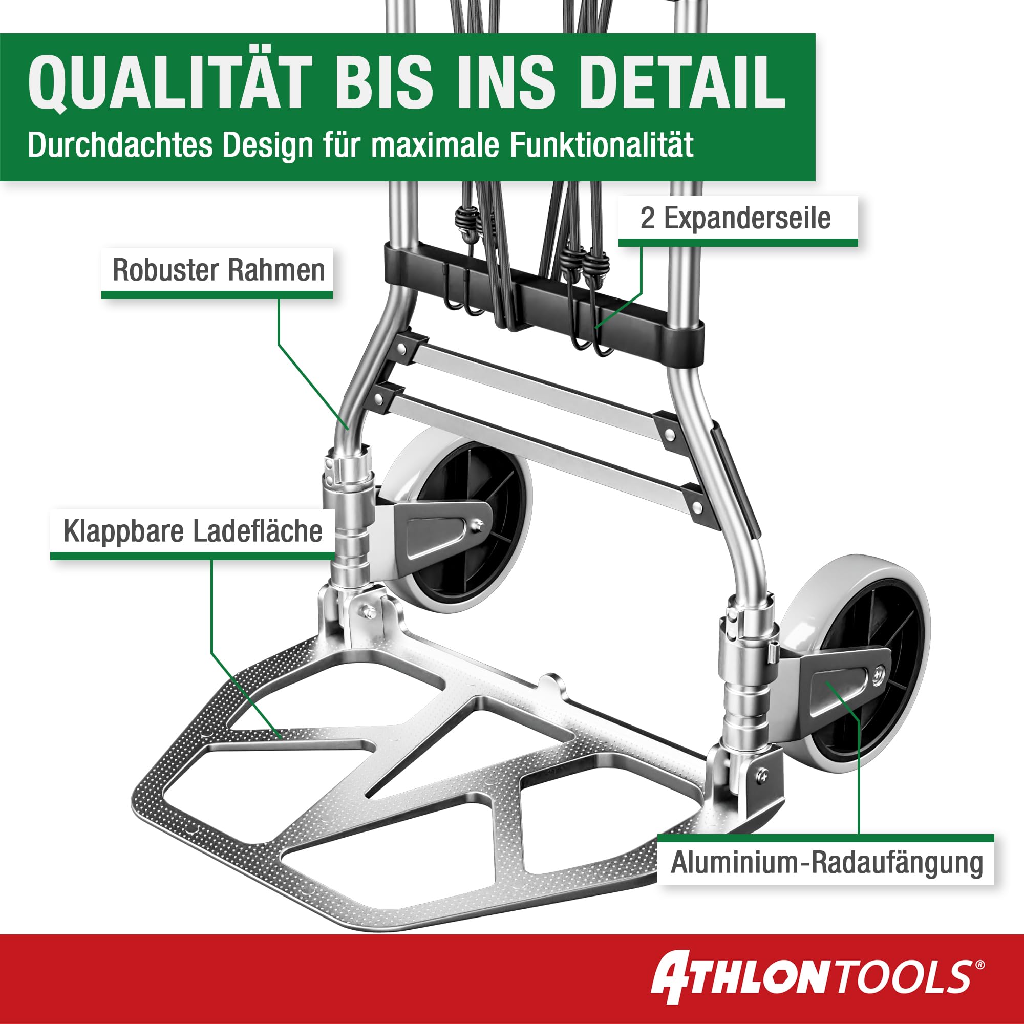 ATHLON TOOLS Schwerlast Sackkarre klappbar 150 kg TÜV GS-geprüft – Langer Teleskopgriff 115 cm, Soft-Laufräder, inkl. 2 Expanderseile - Sackkarre klappbar Alu kompakt & leicht