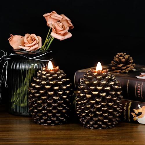 Miniatura 6 de DRomance Velas de piña sin llama que funcionan con pilas con temporizador de 6 horas, juego de 2 velas LED parpadeantes de cera marrón real, velas