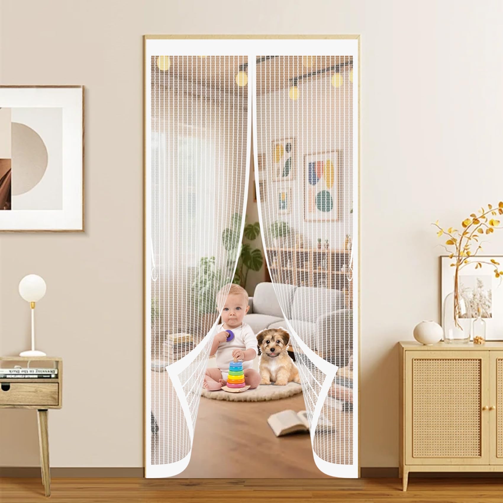 Door Fly Screen Curtain 126 x 145 cm Automatically Close, No Gap, Easy to Install Without Drilling, Keep Bugs Out Lets Fresh Air in Flyscreen French Doors for Patio Doors Bedroom, White