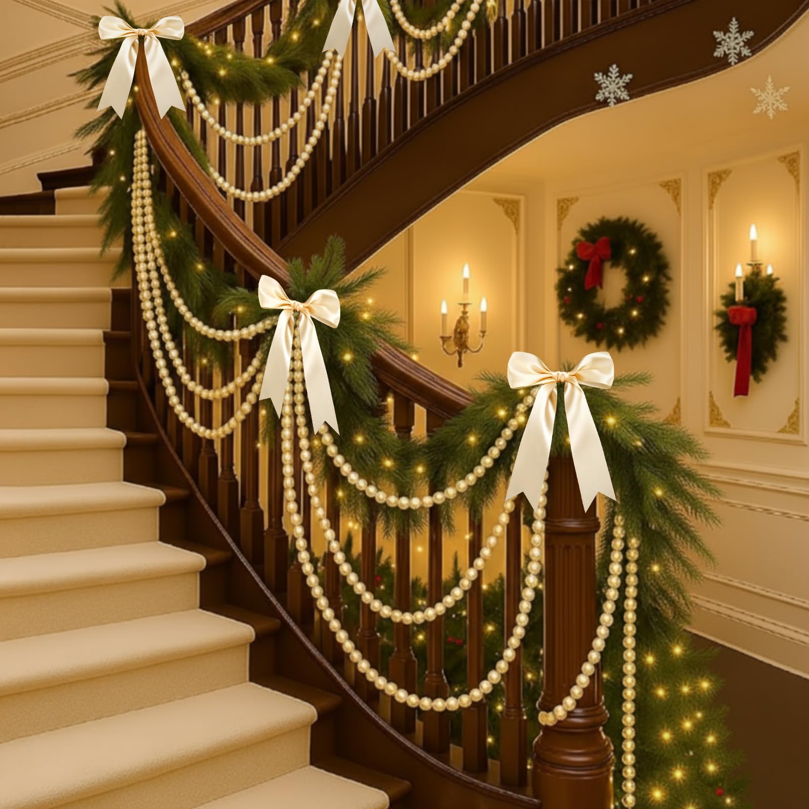 Chuangdi Lot de 2 rubans en satin champagne pour sapin de Noël, 29,9 m, perles blanches, 34,1 m et 5,9 cm pour loisirs créatifs, sapin de Noël, nœud, couronne, emballage cadeau, décoration de fête