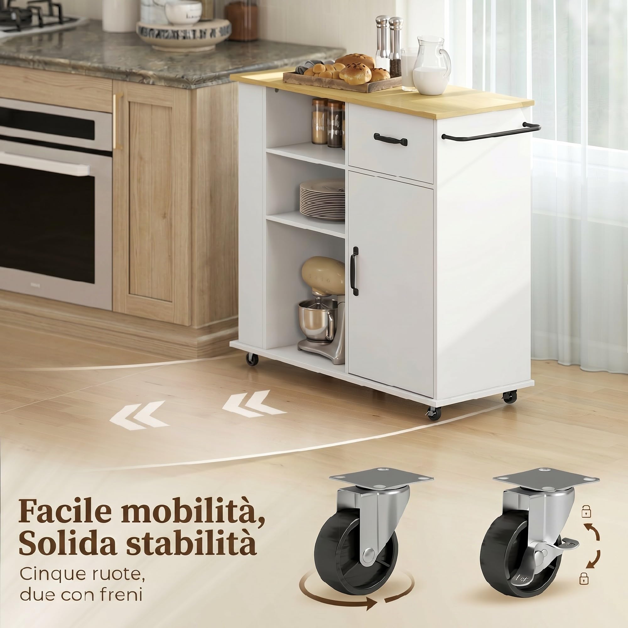 HOMCOM Carrello Cucina con 5 Ruote, Isola Cucina con Ante Soft-Close, Cassetto, Portasciugamani, 3 Portaspezie, 3 Scaffali Aperti e Ripiano Regolabile, Multiuso Salvaspazio, 96.5x38x87 cm, Bianco