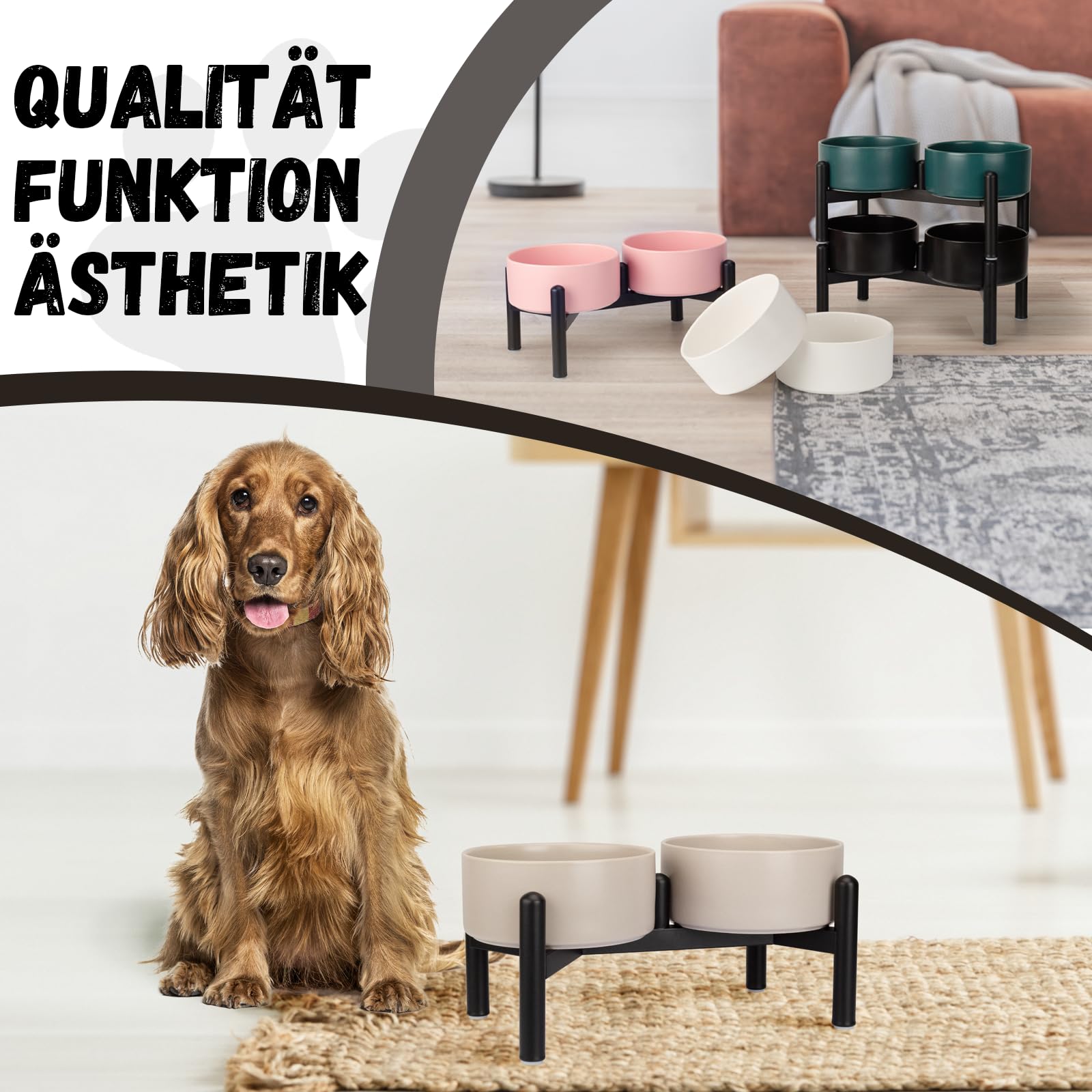 Futternapf Hund Erhöht Hundenapf Set - Doppelte Fressnapf Keramik mit Edelstahlständer - Ideal für Kleine und Mittelgroße Hunde - 660 ml x 2 - Grau