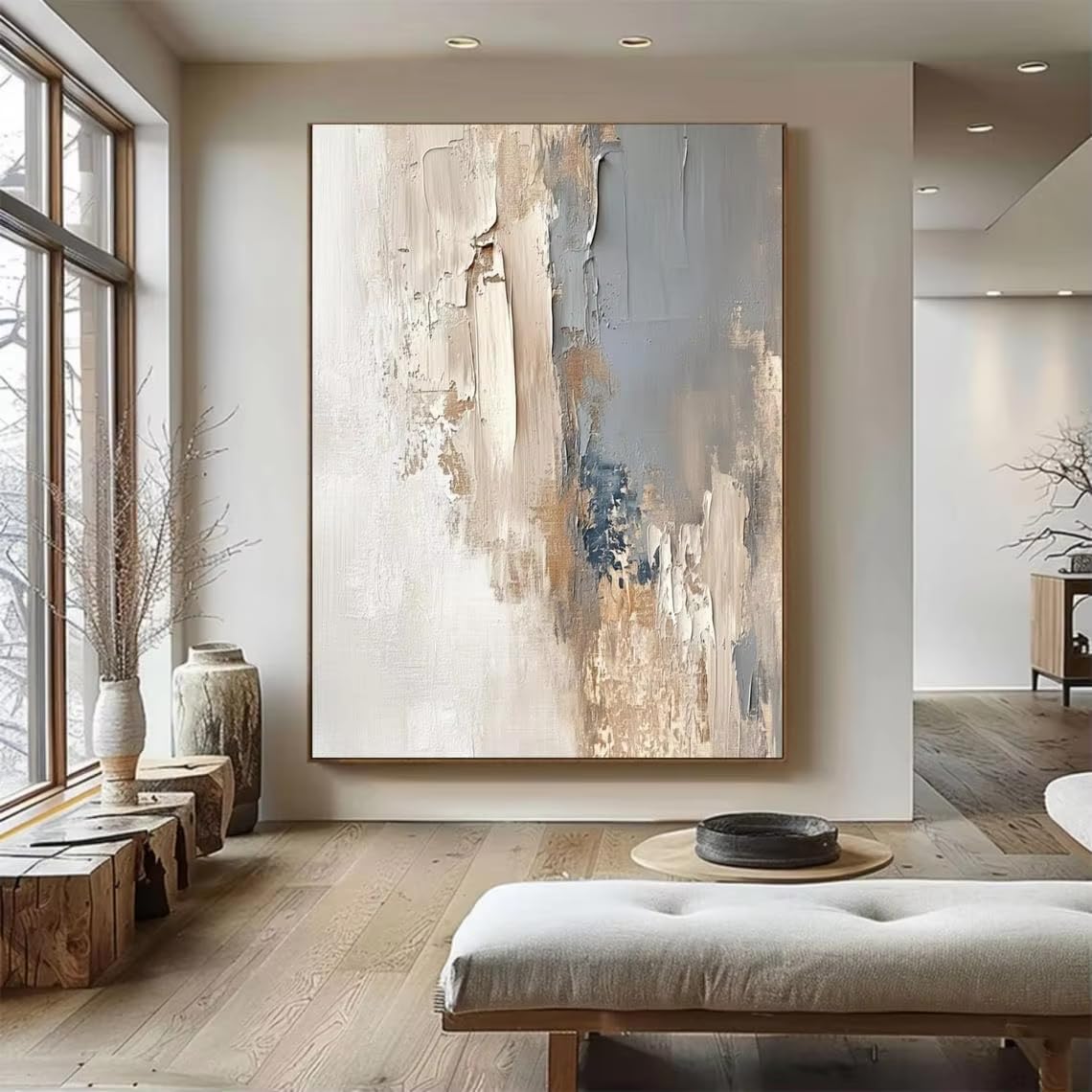 Awtrhfc No Frame Beige Blue Abstract Canvas Painting Gray Minimalist Art White Wall Art Textured Painting Home Decoration(80X120cm(31X47in)/No Frame)