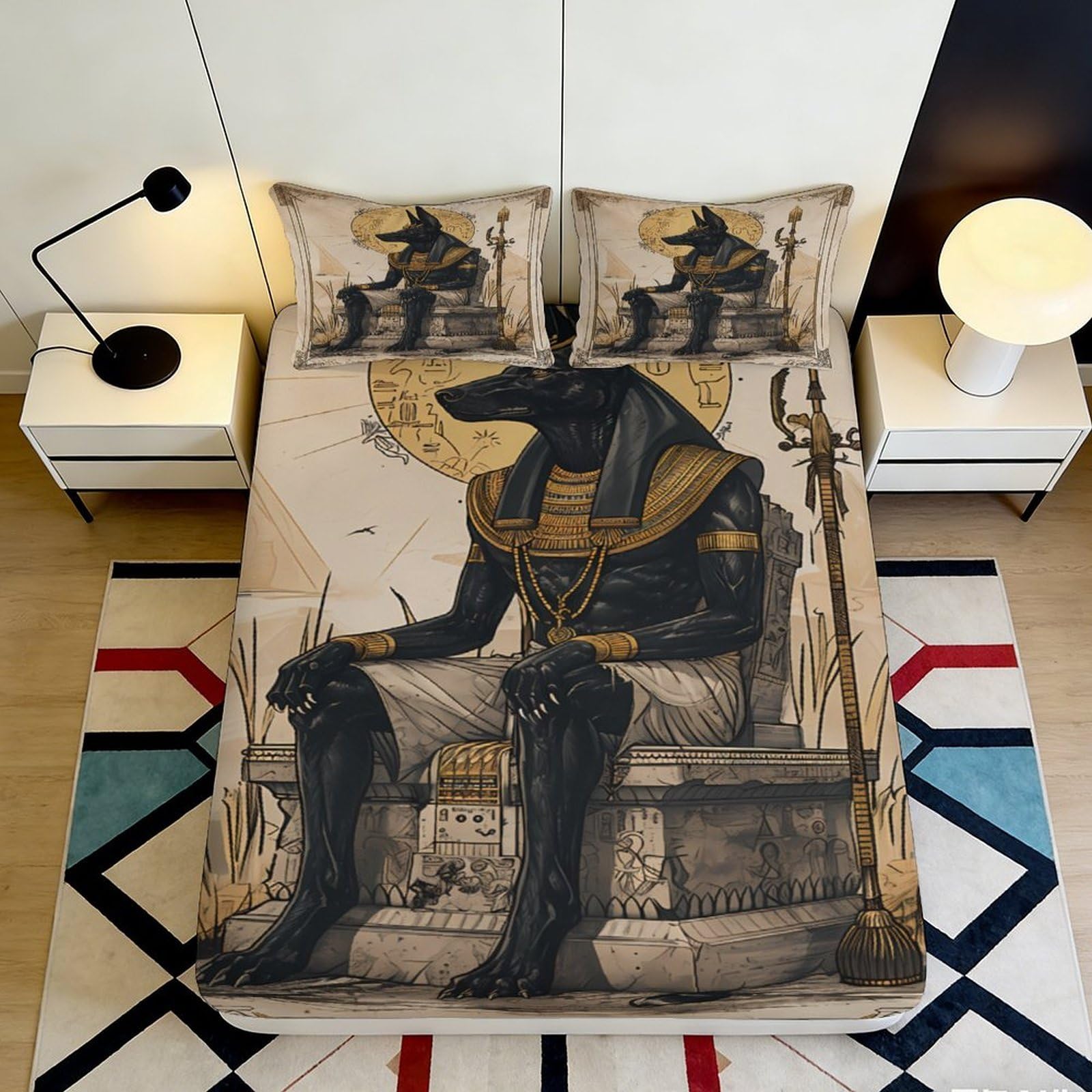 3D Printed Egyptian Anubis Fitted Sheet Microfiber Soft Breathable Ancient Pharaoh Bed Cover for Bedroom Decor 90x200x25cm