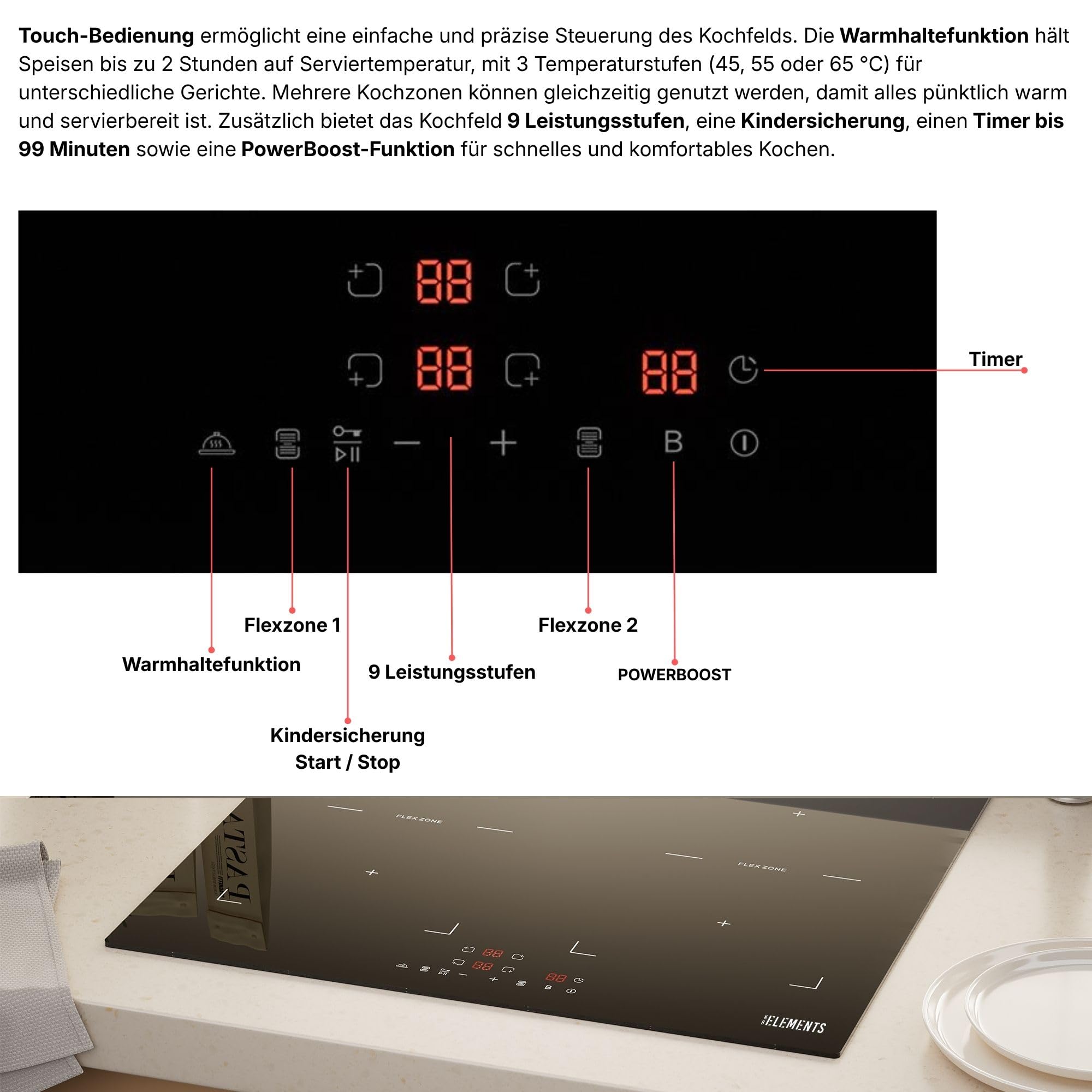 Autarkes Herdset 60 cm Einbaubackofen mit Air Fry & Steam Clean Induktionskochfeld 59 cm Flexzone A+ Energieklasse