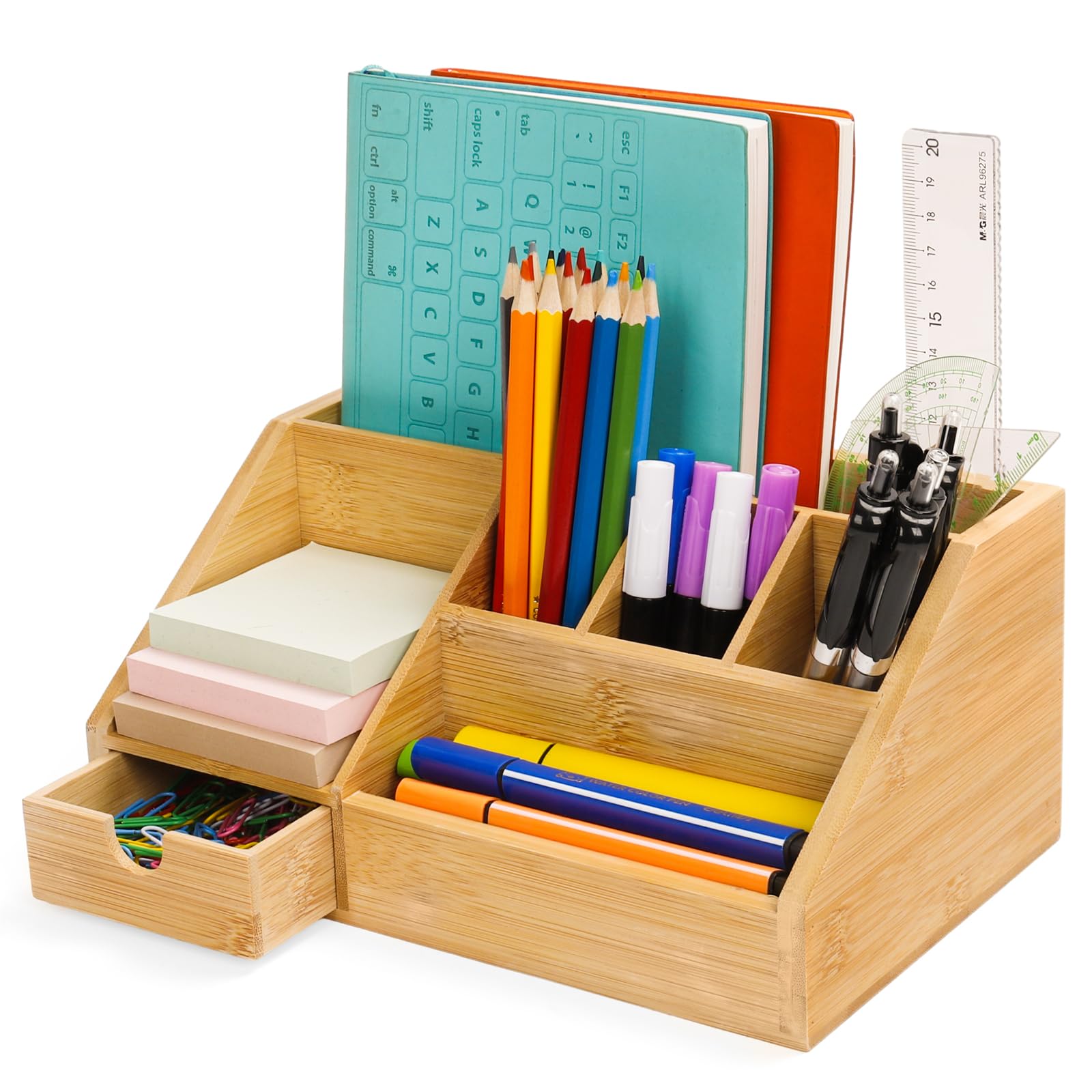 Cinnani Organizador de escritorio de bambú con cajón – Caja para bolígrafos, soporte para bolígrafos de bambú para escritorio, almacenamiento multifuncional de papelería