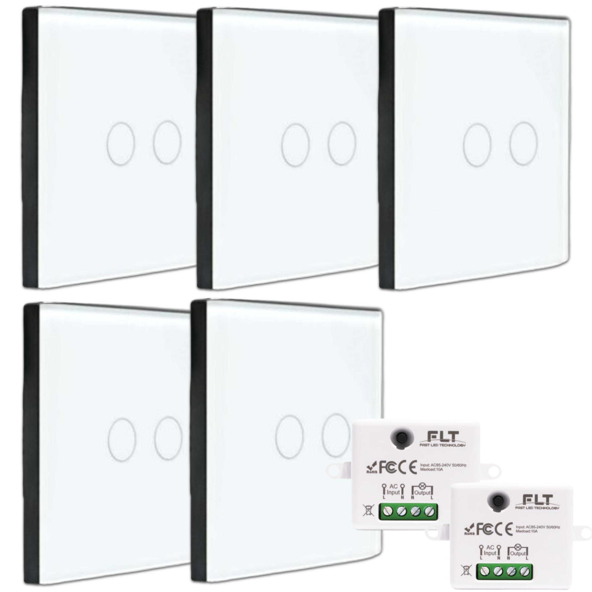 KIT interrupteur sans fil - 5 Télécommande murale DOUBLE ALLUMAGE + 2 Mini récepteur encastrable - Va et vient sans travaux - Commande à distance Tactile - Commutateur radio RF 433 mhz