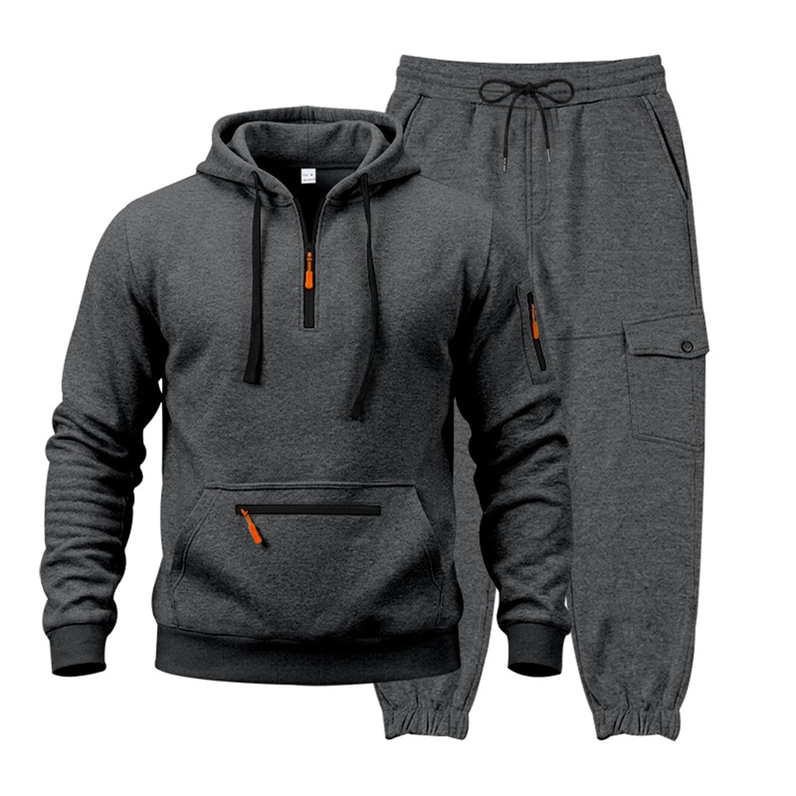 Generisch Survêtement pour homme - Avec capuche - Demi-fermeture éclair - Poches cargo - Lacets - Baggy - Décontracté - Sport - Survêtement doux