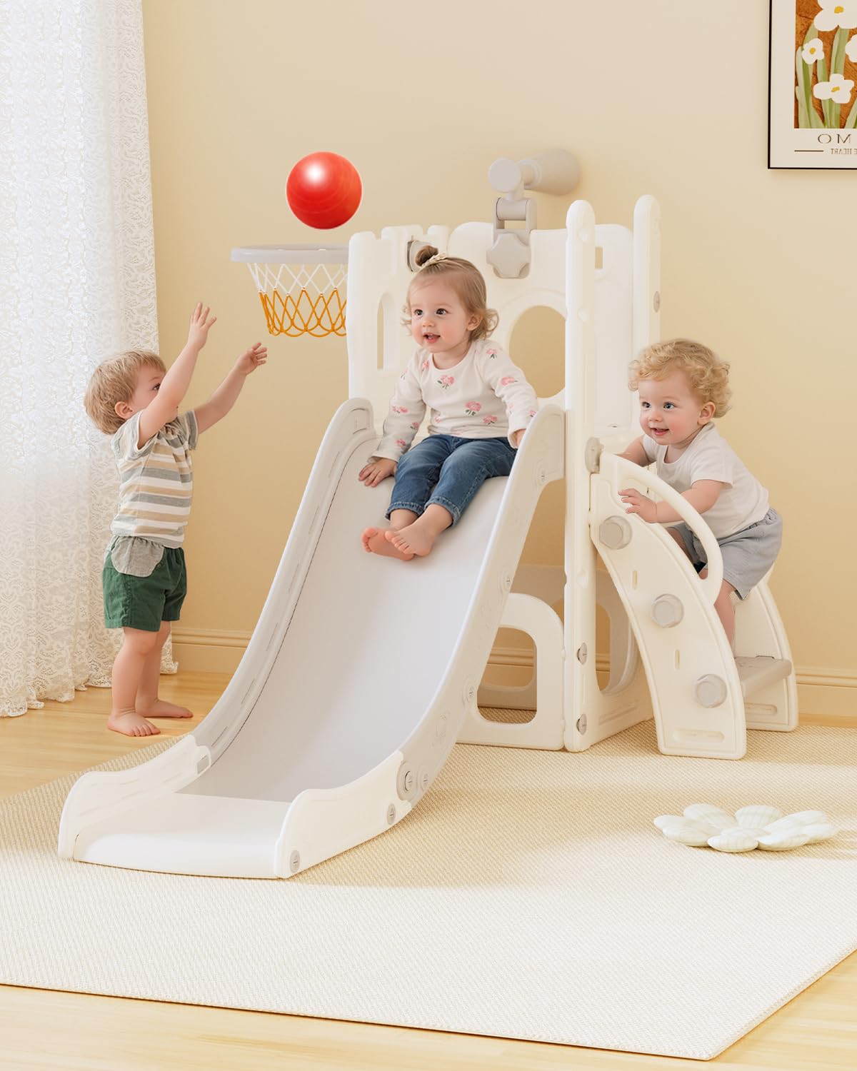 Kinder Rutsche, 5-in-1 Indoor Outdoor Rutsche, Kinderspielplatz mit Basketballkorb, Ablage und Teleskop, Spielplatz für Kinder ab 1 Jahr, Grau