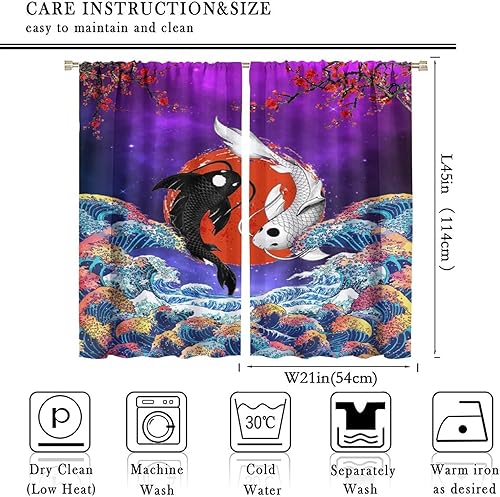 Miniatura 8 de Cortinas de pez Koi para dormitorio, estilo japonés Yin Yang con ondas grandes, tratamientos de ventana de flor de cerezo para sala de estar, juego
