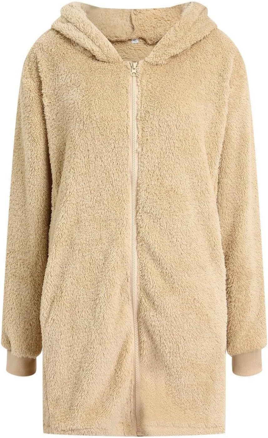 Women's Oversized Fleece Jacket Hooded Zip-Up Cardigan Coat with Pockets Warm Winter Casual Wear for Vacation - Image 4