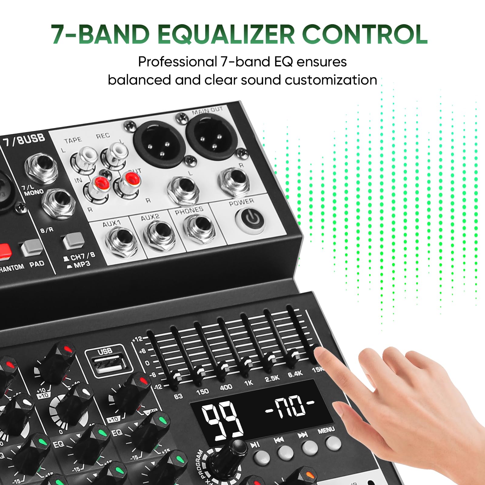 Audio-Mixer, 8-K-Sound-Mixer-Konsole, professionelles Musik-Mischpult, DJ-Mixer mit 99 DSP, 7-Band-EQ, USB, Bluetooth, 48 V Phantomspeisung & PAD-Funktion für Aufnahme von