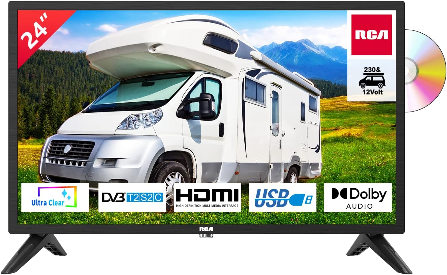RCA RD24H2CU TV 24 Inches (60 cm TV) with Built-in DVD Player for Mobile Homes and Caravans 12 V Car Adapter, Dolby Audio, Triple Tuner DVB-C/T2/S2, HDMI, USB, 230V/12V