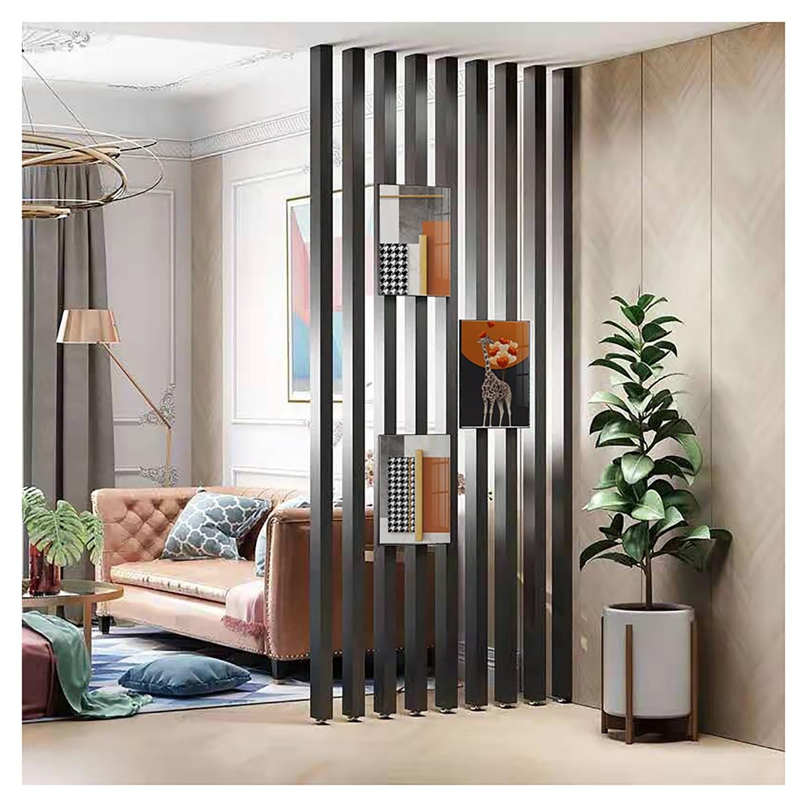 Floor to Ceiling Wooden Slats，Entrance Hall partition Screen Column Floor to Ceiling，Room Separation Deviders Post Column，Modern Freestanding Wood Room Divider Screen(4 Root,215cm/84.6in/7.05ft)
