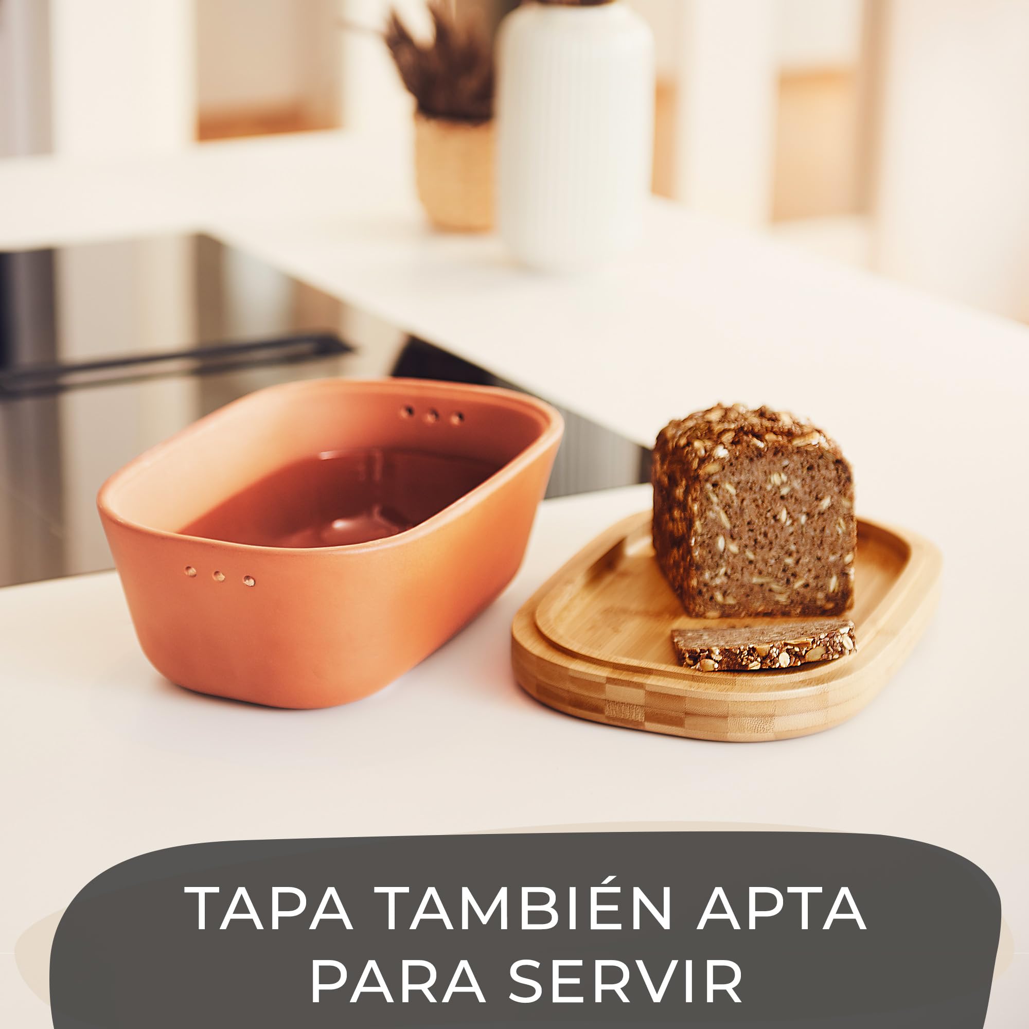 Steinzeit Panera diseño - Bread Box de barro transpirable - Caja de pan de cerámica con elegante tapa de bambú - Panera para un almacenamiento que ahorra espacio