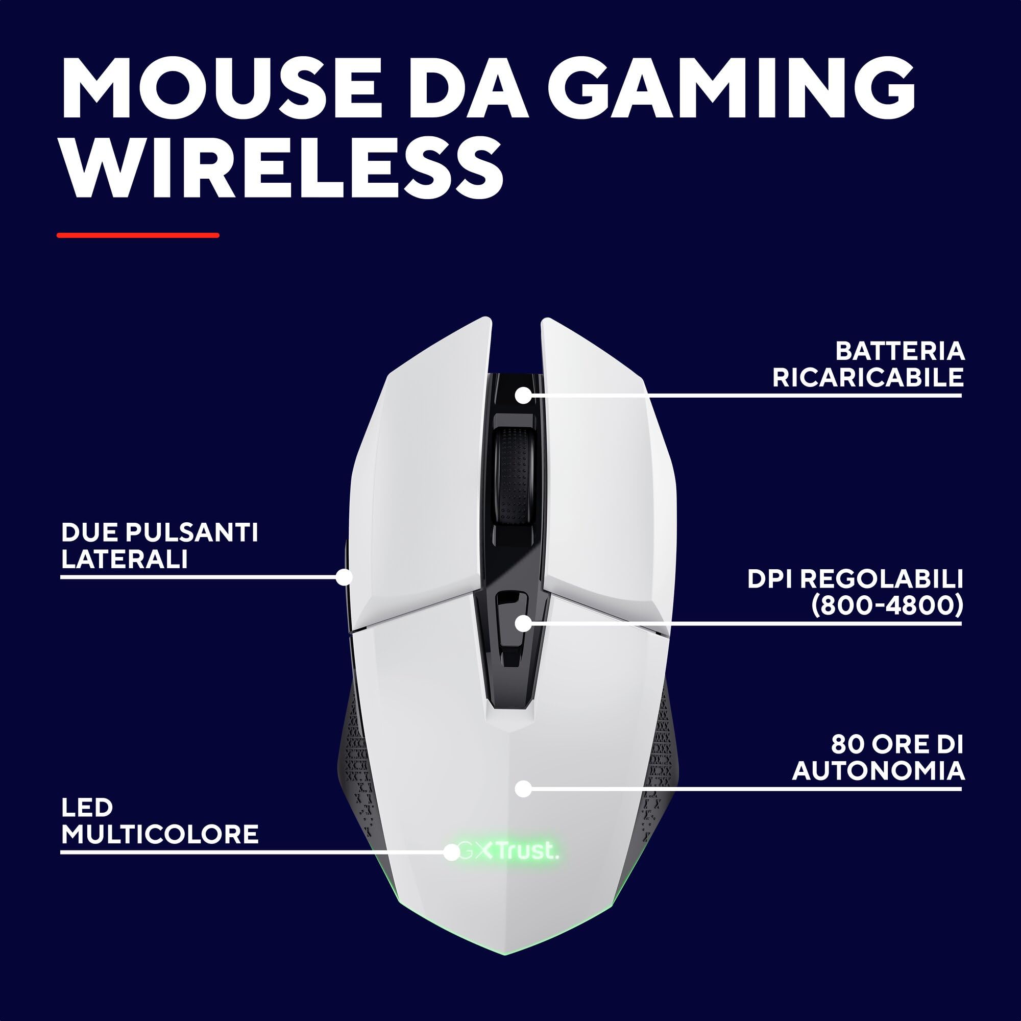 GXTrust 1108W Vylax Mouse Gaming Wireless Ricaricabile, 80 Ore di Autonomia, 800-4800 DPI, Illuminazione LED, Ricevitore USB Riponibile, 6 Pulsanti, Mouse Senza Fili RGB per Computer Laptop, Bianco