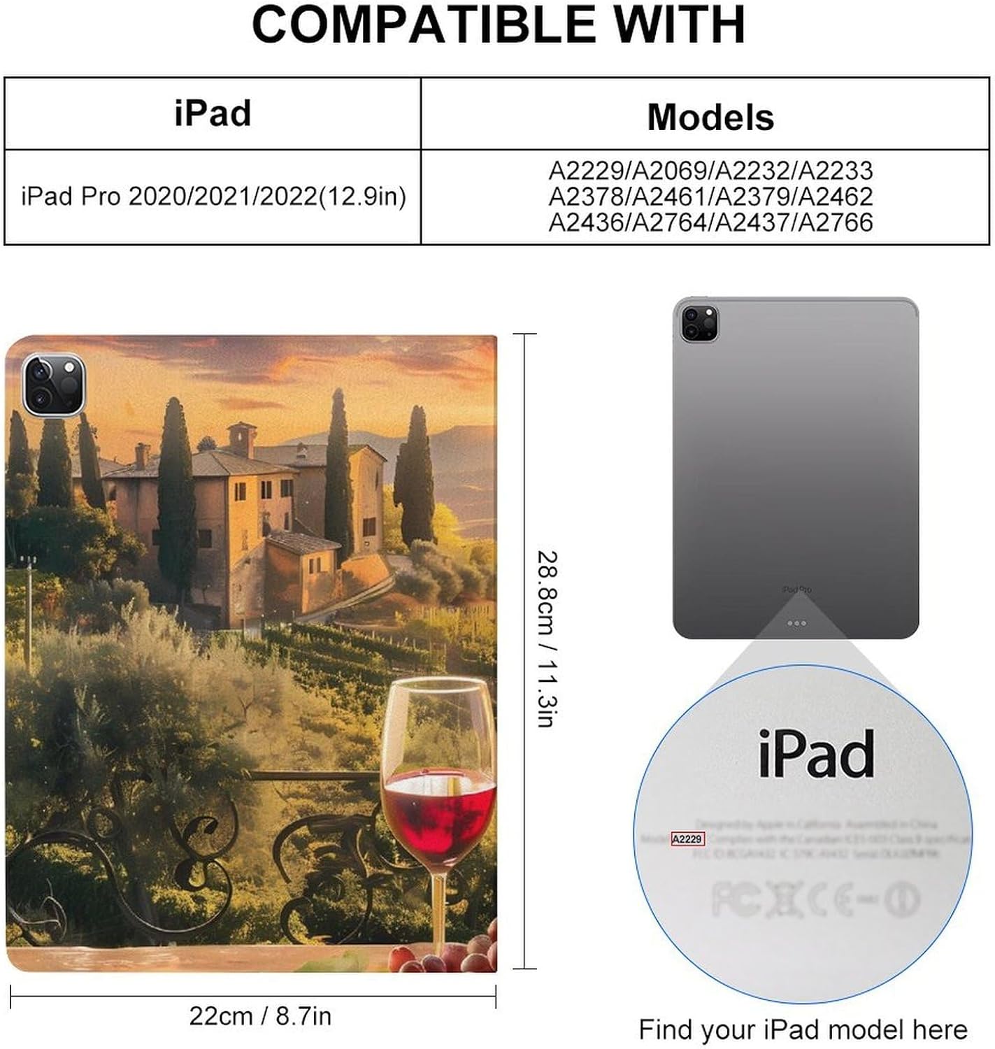 Large Wine Sunset Grape Printed Case Trifold Stand Protective Cover Compatible with iPad Pro 2020/2021/2022 (12.9in)