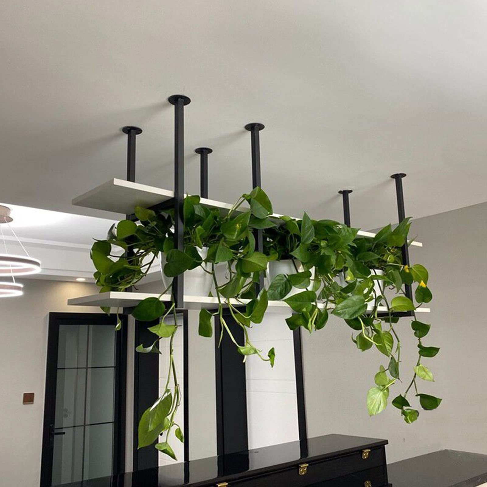 Étagère suspendue plafond bois blanc support plantes rangement cuisine 2 niveaux
