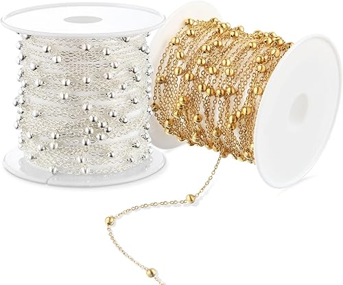 Miniatura 1 de Cadena de cuentas de 26.2 pies de acero inoxidable dorado y plateado de 0.138 pulgadas (0.138 in), cadena de joyería plana para manualidades,