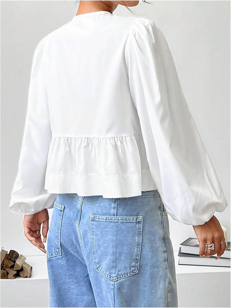 MakeMeChic Women's Tie Front Lantern Sleeve Babydoll Shirt MakeMeChic Women's Tie Front Lantern Sleeve Babydoll Shirt