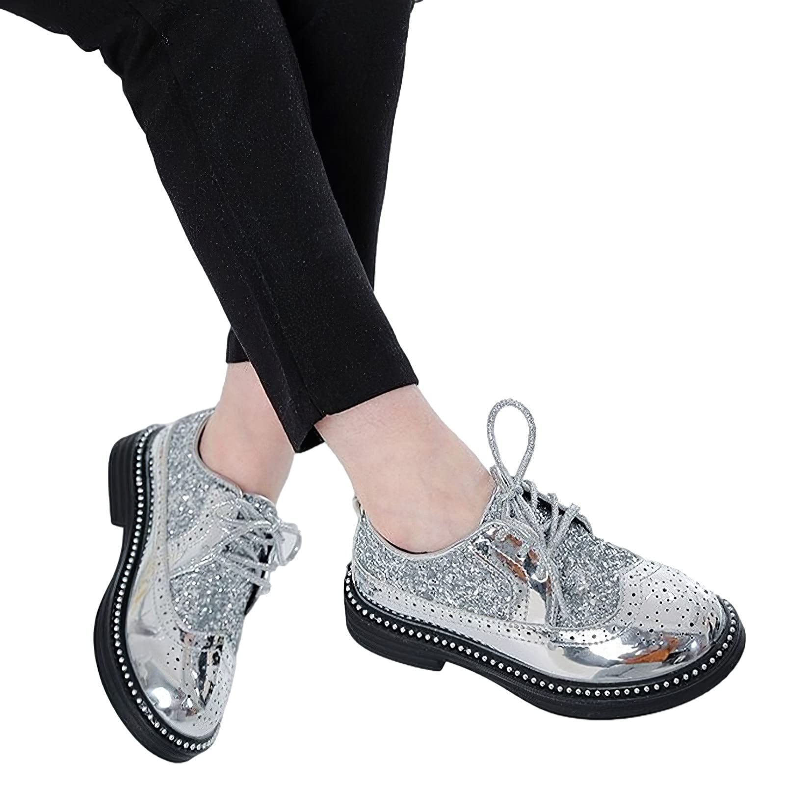 rismart Ragazzi Ragazze Stringata Brogue Oxfords Punta Rotonda Scintillante Paillettes Scarpe da Vestito Formali