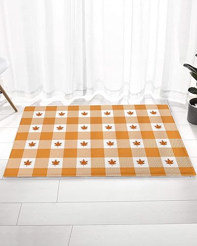 Bathroom Rugs Door Mat Thanksgiving Orange Plaid Maple Leaves Soft Plush Microfiber Carpet Washable Entryway Rugs Indoor Non-Slip Highly Floor Mats,
