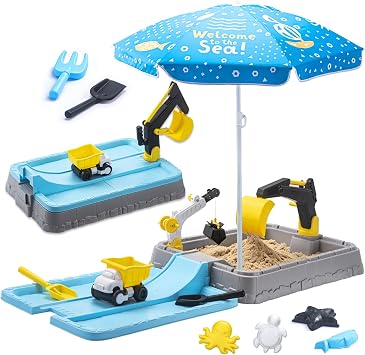 Kids Excavator Sandbox with Umbrella & Cover, Construction Sandbox Set with Beach Toys & Dump Truck, Outdoor Educational Play Set for Toddlers Ages 3-12