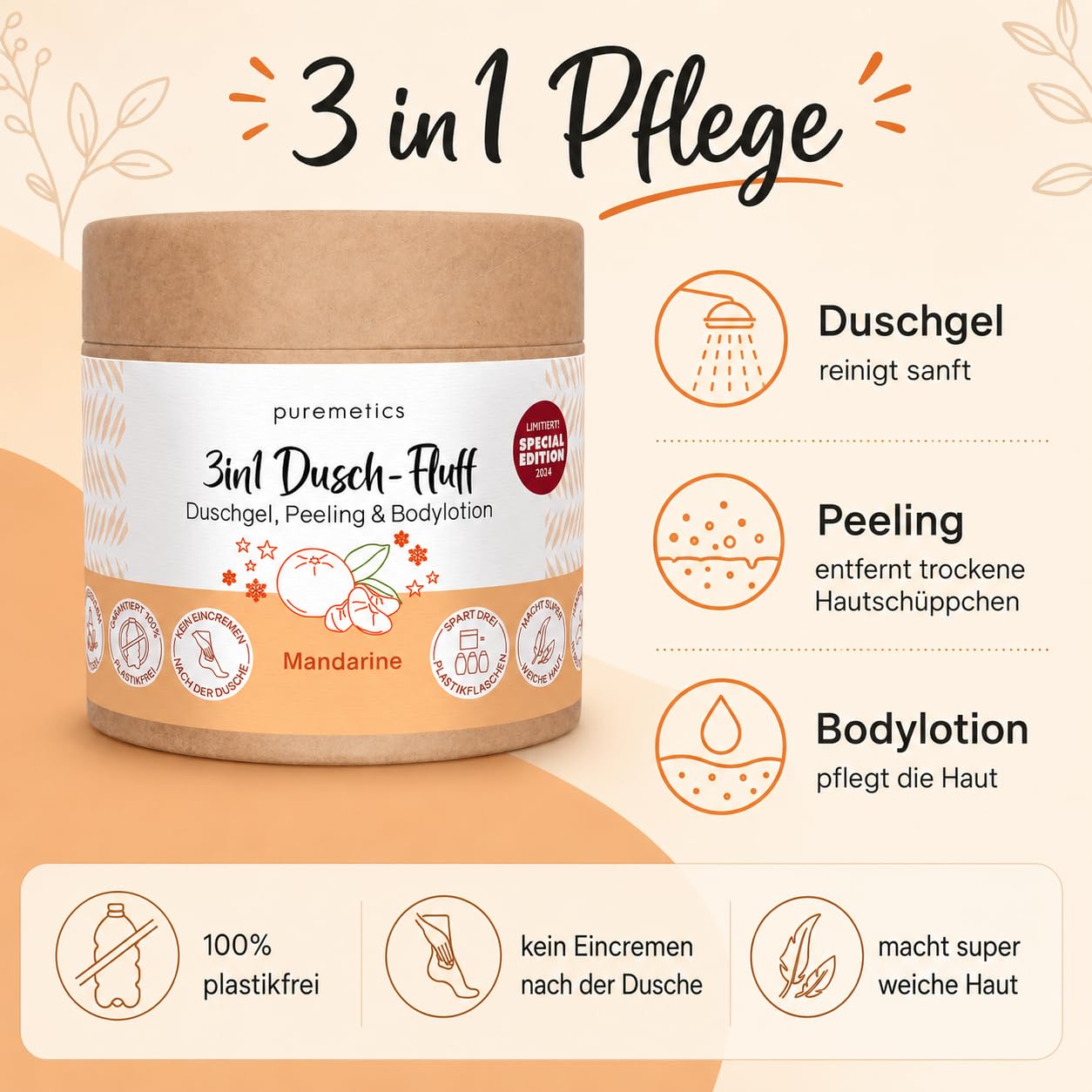 Puremetics 3in1 Dusch-Fluff, Mandarine mit Zuckerpeeling, LE, 250g