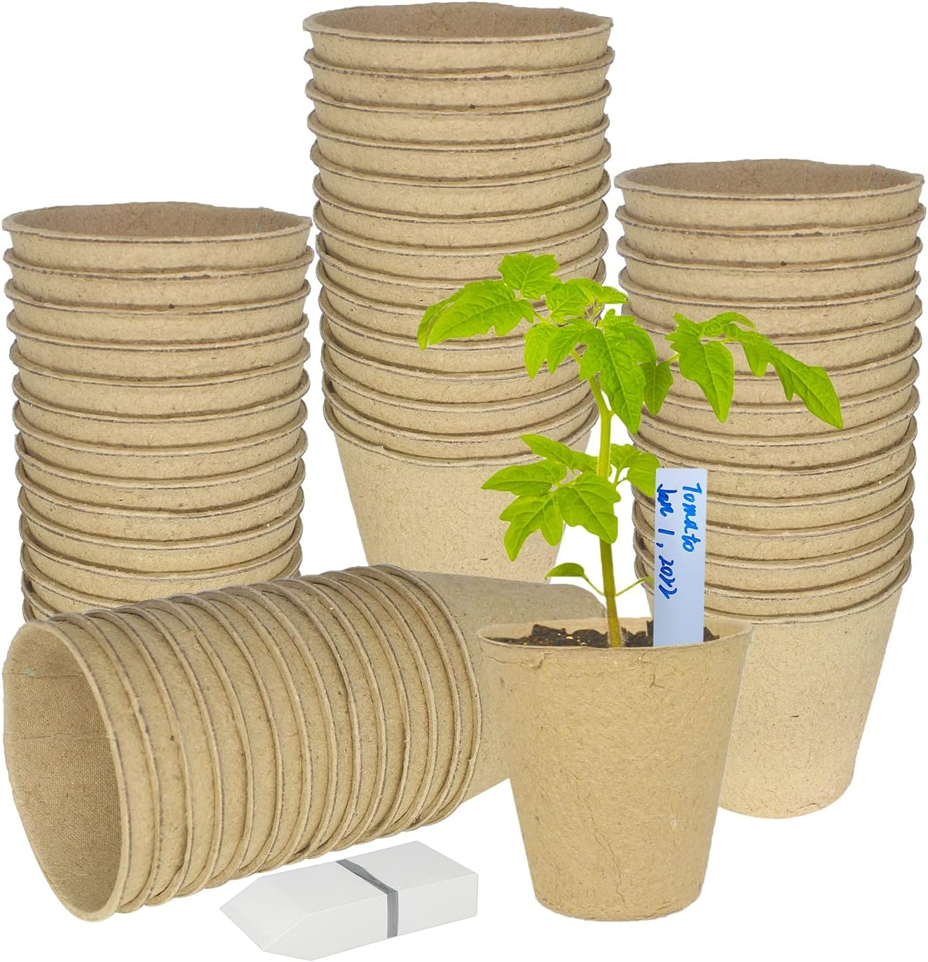 Huvai 100 Pack 3.15" Round Biodegradable Fibre Seedling Pots with 100 Pcs White Plastic Plant Labels