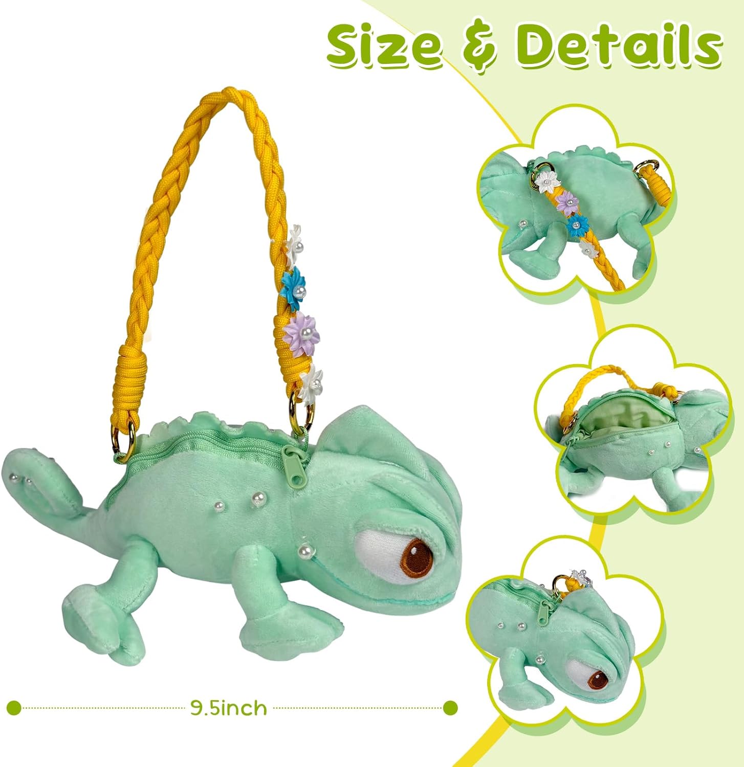 Lizard Plush Toy and Shoulder Handbag - Chameleon Shape Fluffy Plush Detachable Strap Multi-Functional Storage, 9.5 Inch Cute Fashion Accessory for Theme Parks and Daily Outings