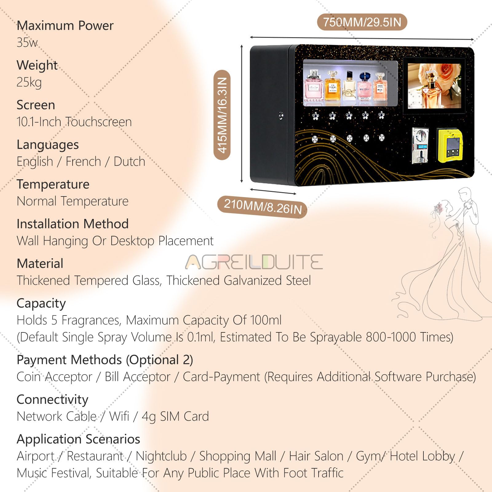 Distributore automatico di profumo con touchscreen e pagamenti di monete/carte, distributore automatico di profumo per uso commerciale in hotel, centri commerciali, palestre