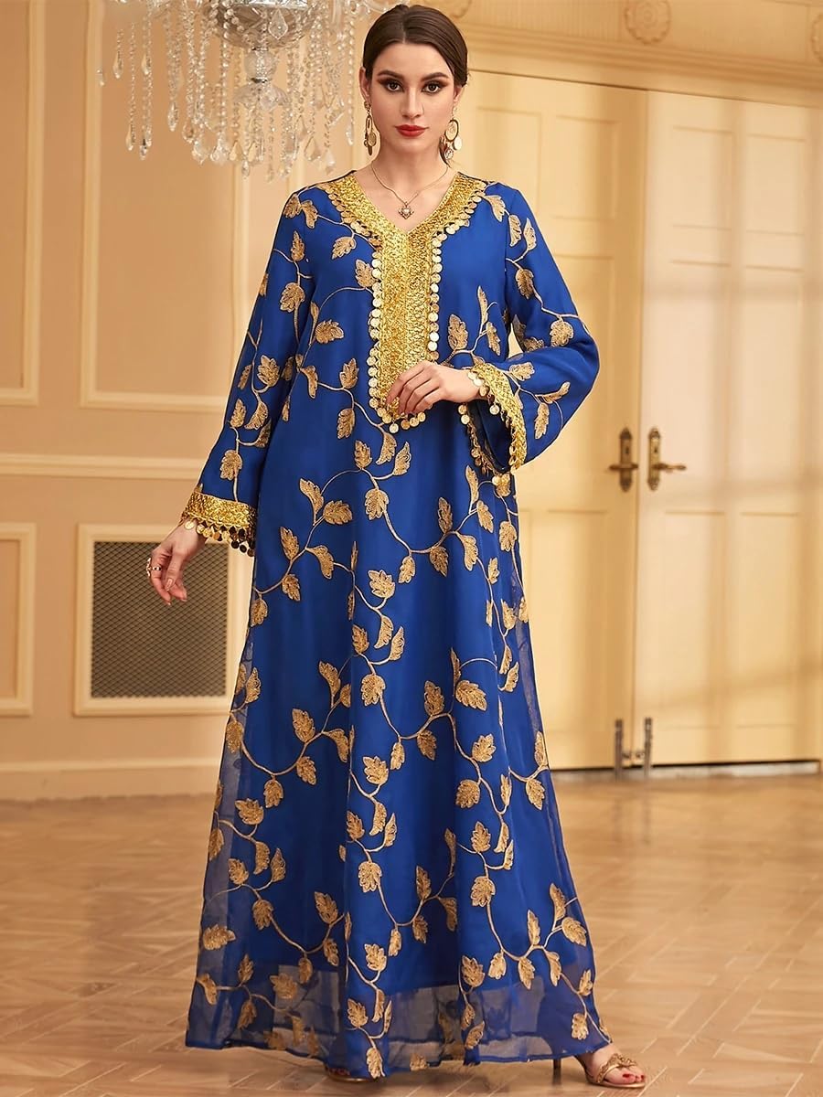 LIXINGHEITANG Long Dresses for Women Evening Gala Embroidered V-Neck Abayas Dubai Morocan