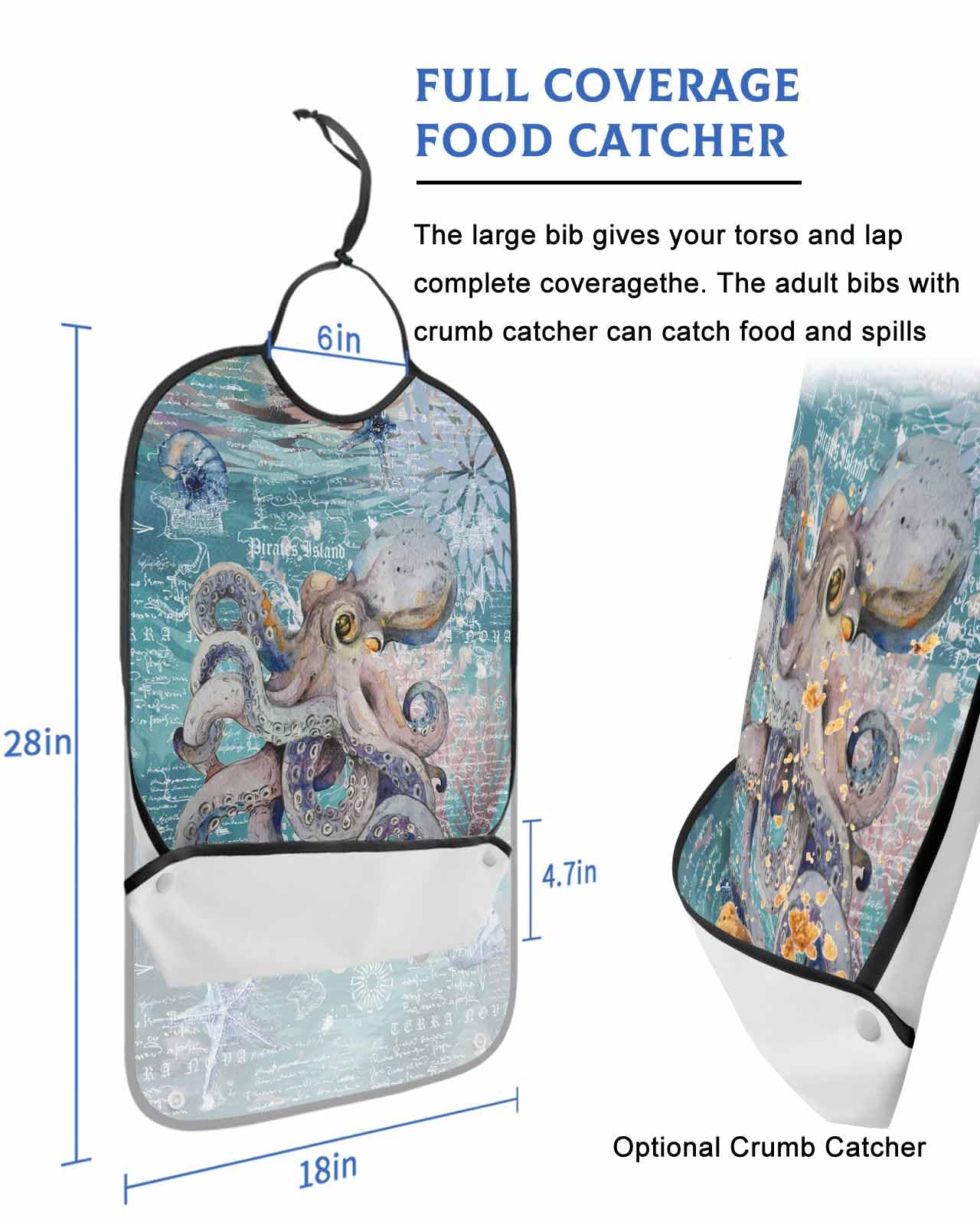 LEOKOTI Sea Octopus Adult Bibs for Eating, Waterproof Bibs with Food Catcher & Adjustable Snap Closure, Summer Beach Ocean Coastal Nautical Washable Clothing Protectors Adult Bibs for Elderly