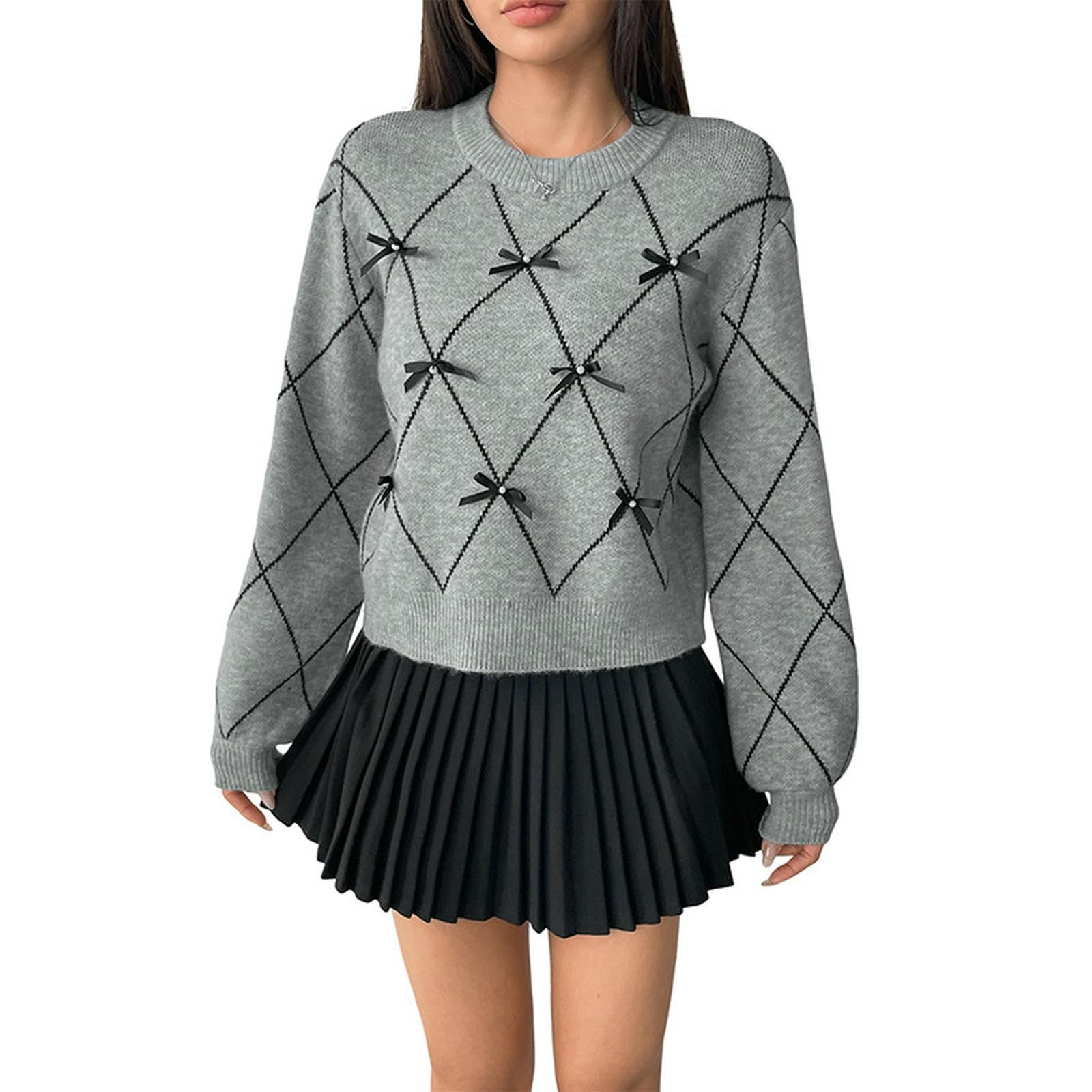 Maglione da Donna A Collo Rotondo alla Moda E Casual per con Decorazione Arco-Grigio Chiaro-m
