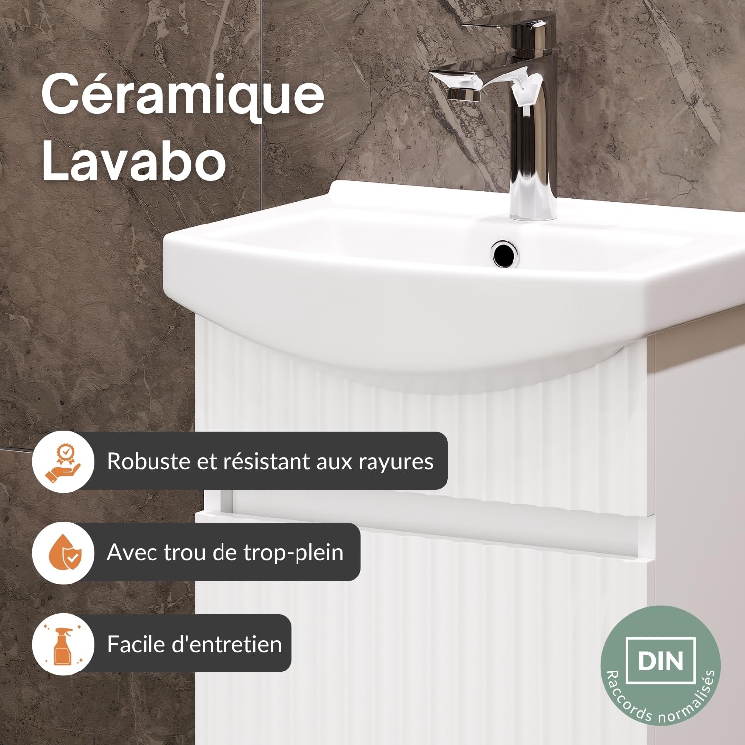 Planetmöbel Meuble sous lavabo Suspendu 45 cm avec Vasque en céramique, Blanc Mat, pour Petites salles de Bains et WC invités